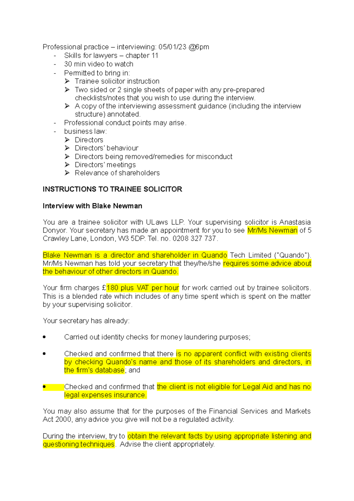 Interviewing Techniques for Trainee Solicitors: Legal Skills Notes ...