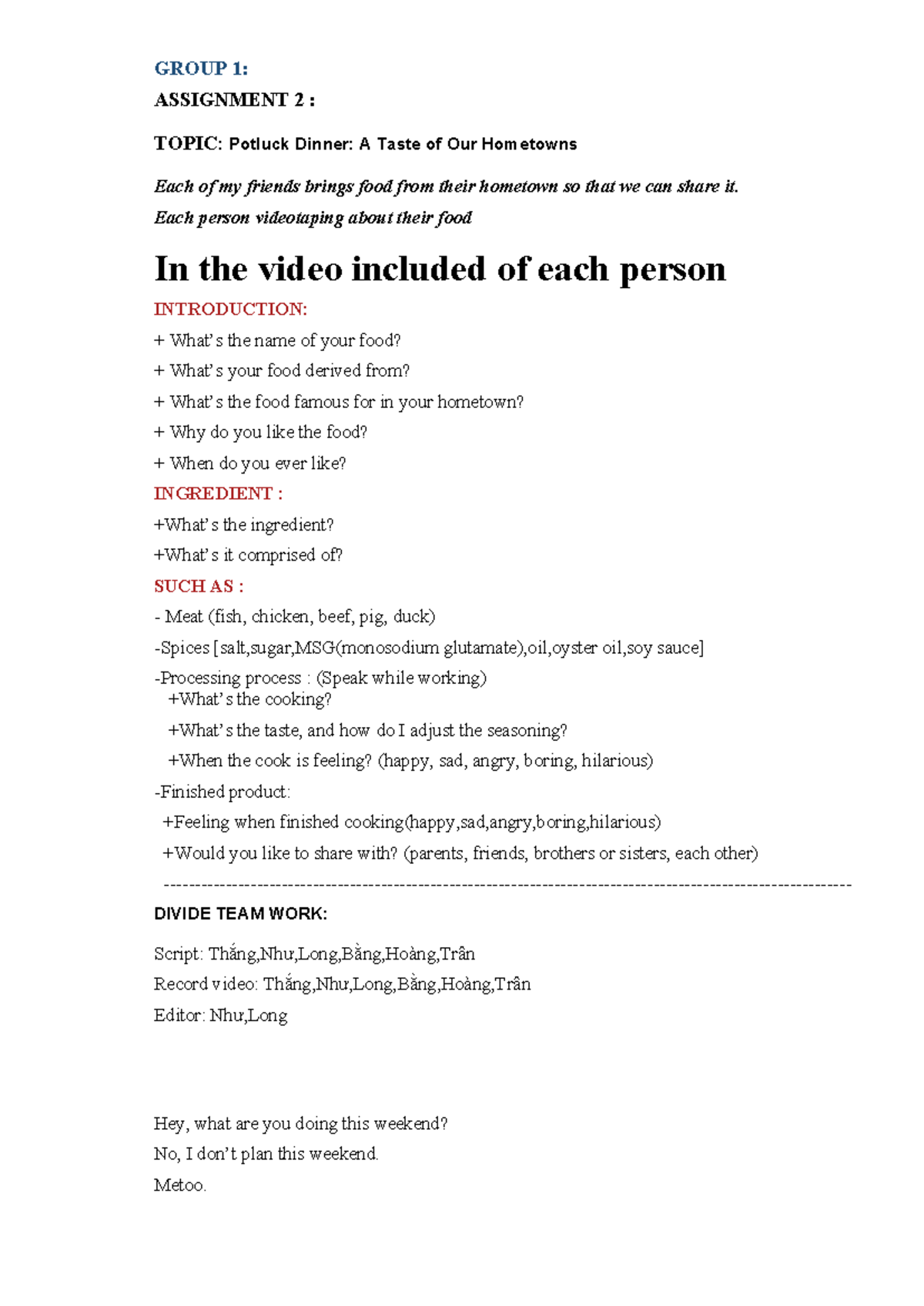 GROUP 1: ASSIGNMENT 2 - POTLUCK DINNER VIDEO PROJECT - Studocu