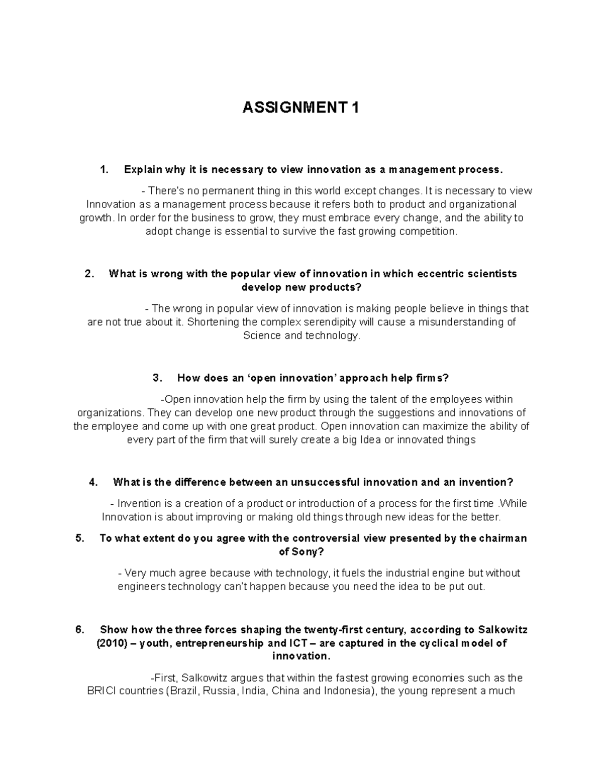 Innovation Management Assignment 1 - 2nd Year College of PUP - Studocu