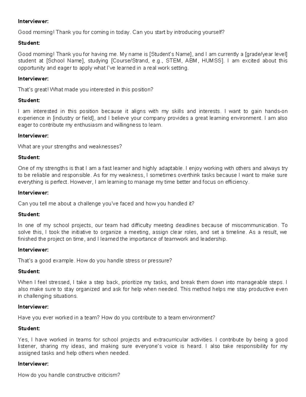 Mock Interviewer Script and Questions - Interviewer: Good morning ...