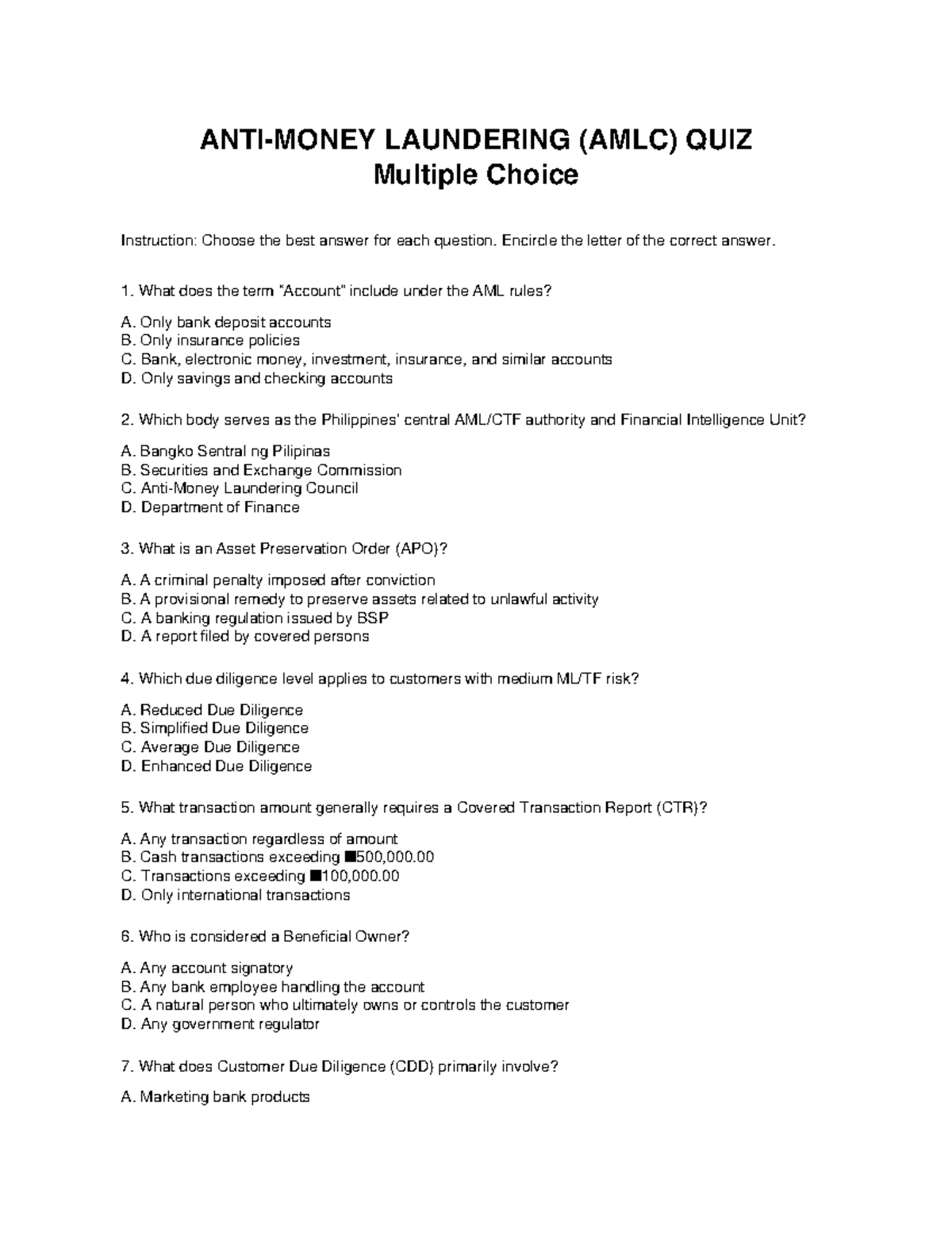 AMLC QUIZ: Multiple Choice Questions on Money Laundering - Studocu