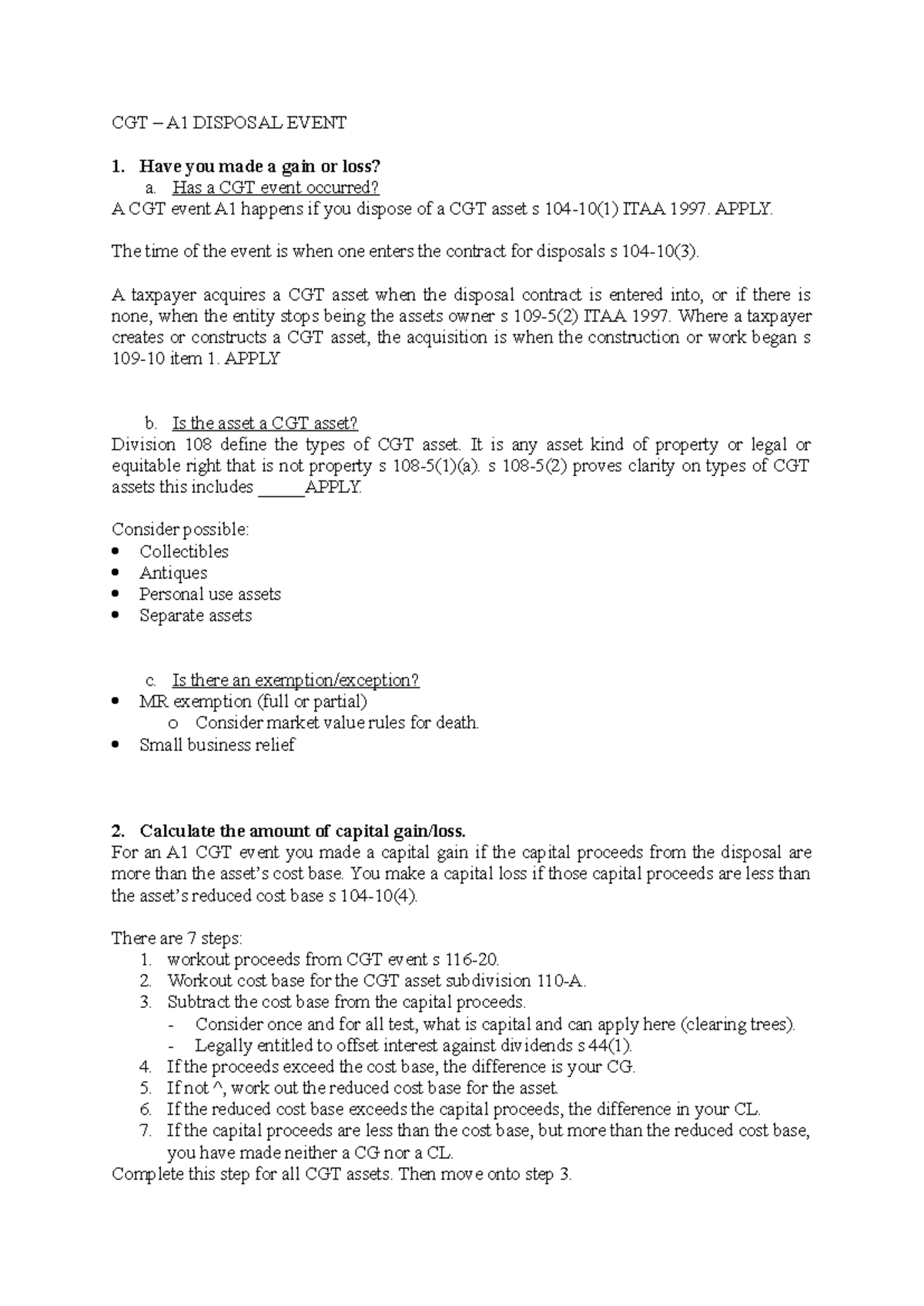 347 EXAM Answer Framework - CGT – A1 DISPOSAL EVENT Have you made a ...