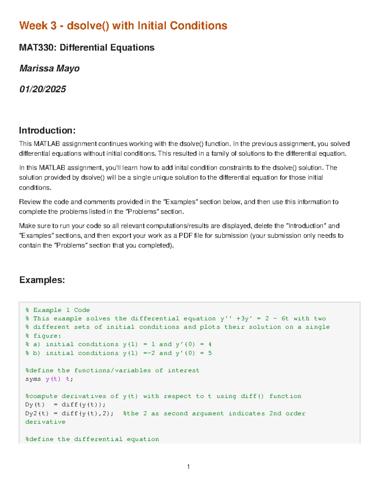 MAT330 Week 6: Exploring Numerical Solutions with ode45() - Studocu