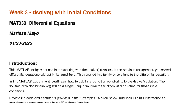 MAT330 Week 3 MATLAB dsolve() Assignment with Initial Conditions - Studocu