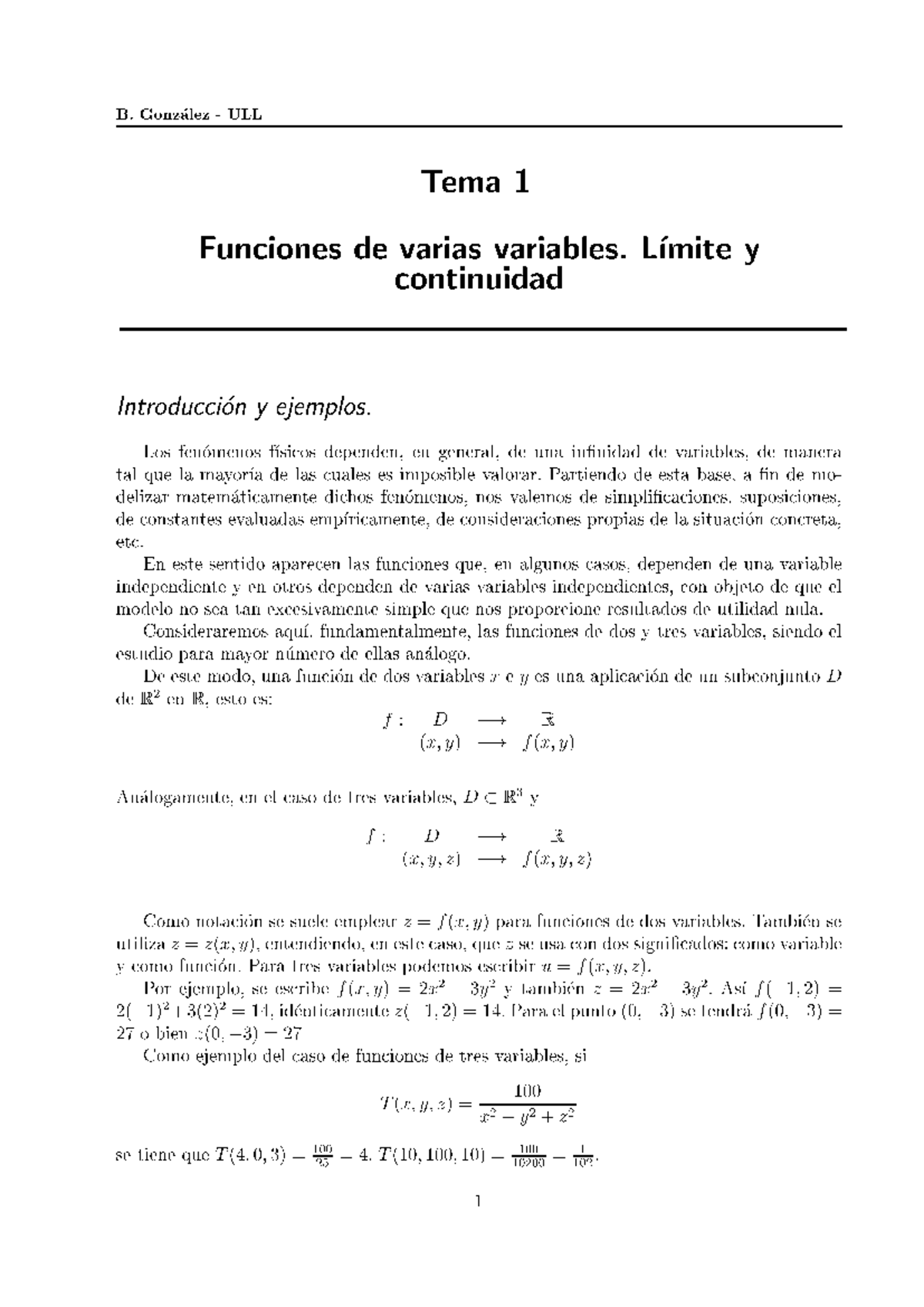 Tema 1: Funciones de Varias Variables - Límite y Continuidad (ULL ...