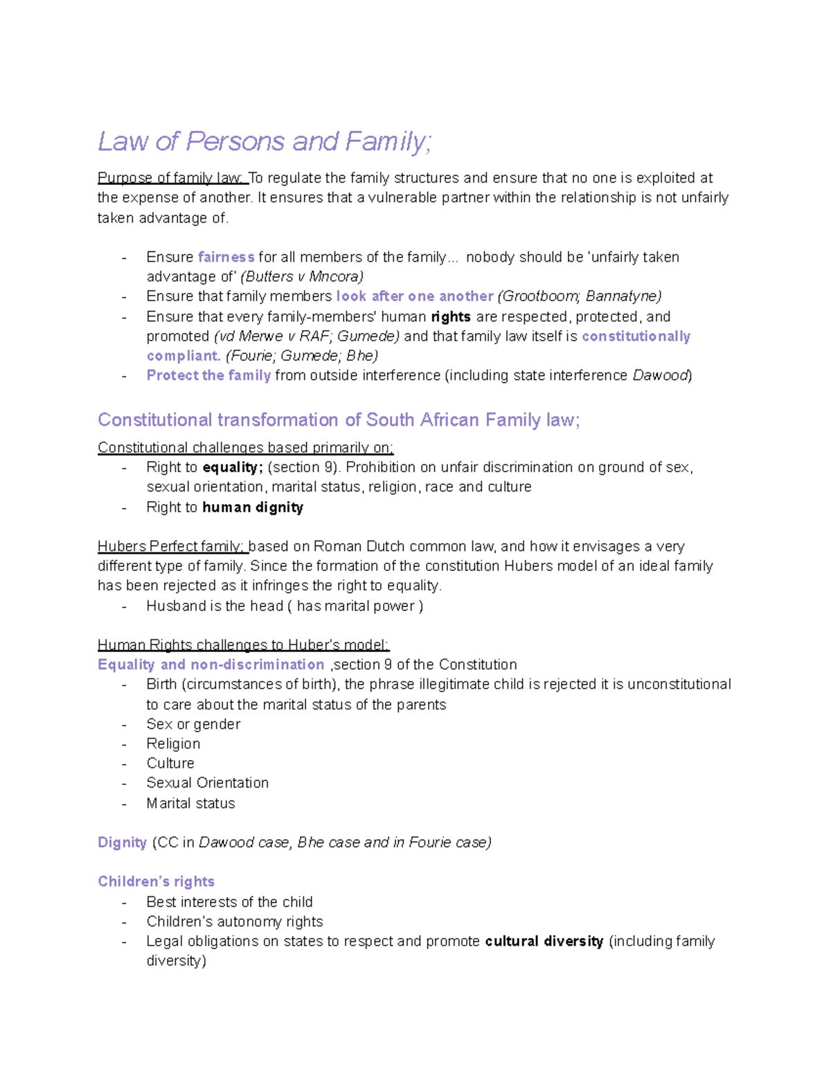 Law of Persons and Family: Term 3 & 4 Overview and Key Cases - Studocu