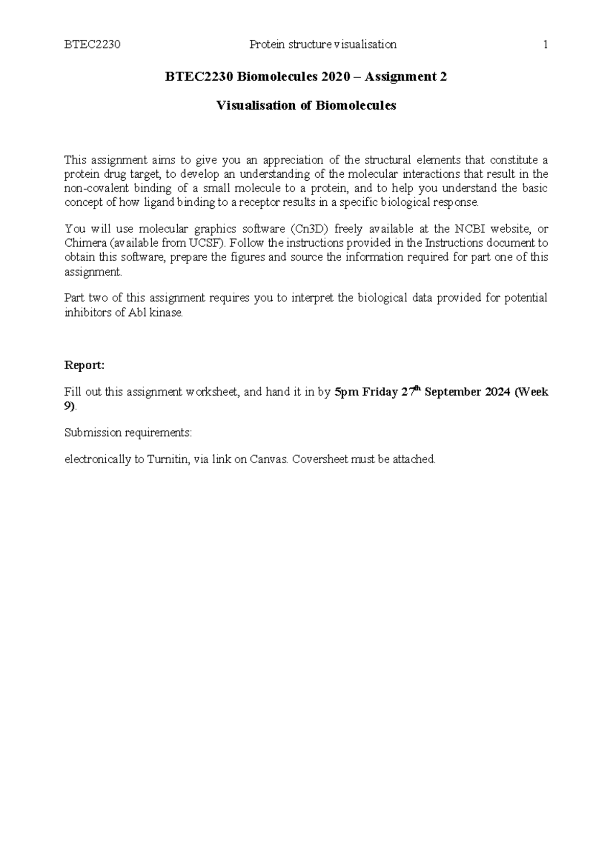 BTEC2230 Biomolecules 2024 – Assignment 2 Worksheet Overview - Studocu