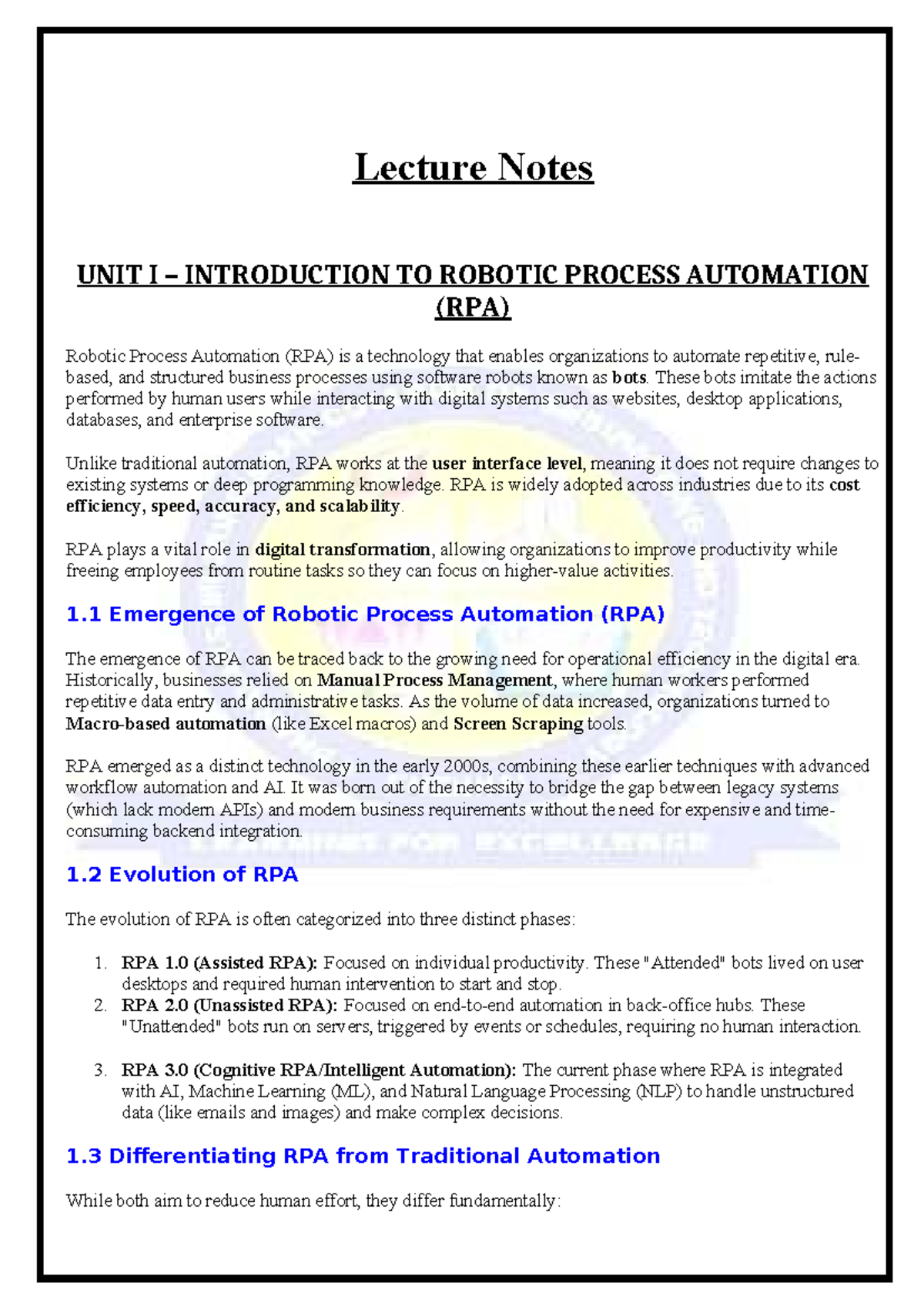 Lecture Notes: UNIT I Introduction to Robotic Process Automation (RPA ...
