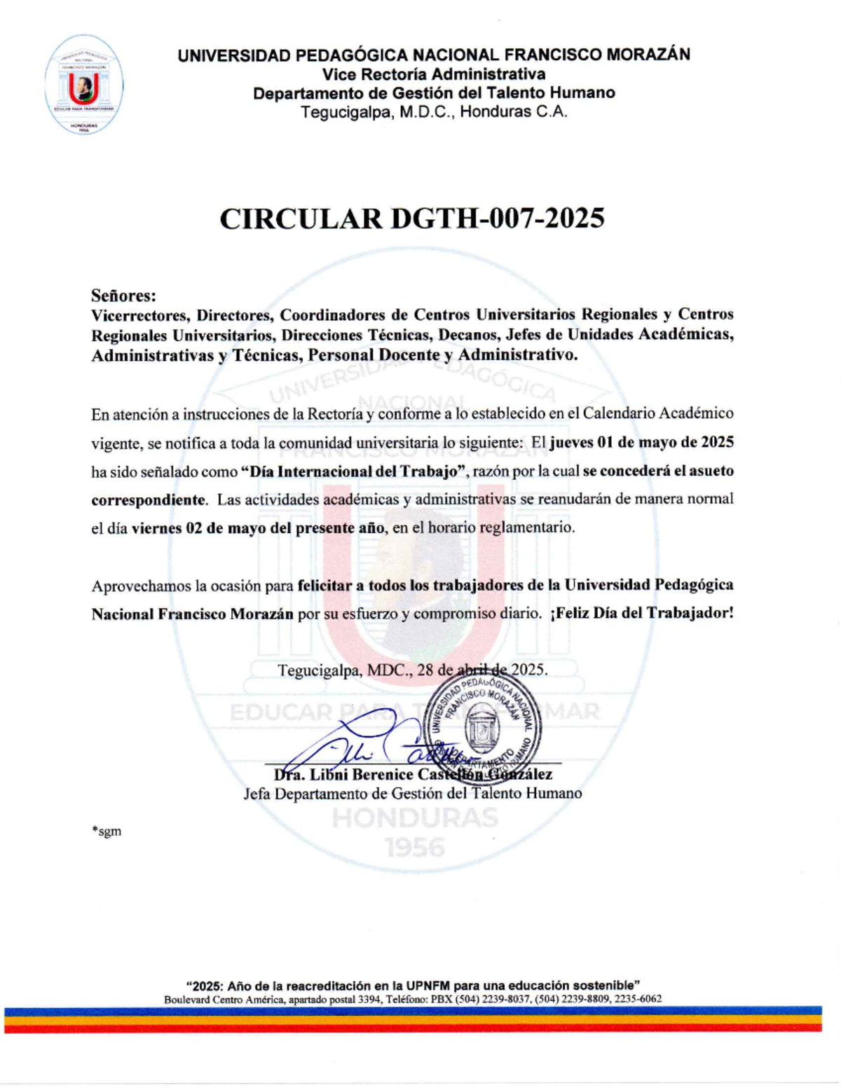 Circular DGTH-007-2025: Asueto por el Día del Trabajador - Studocu