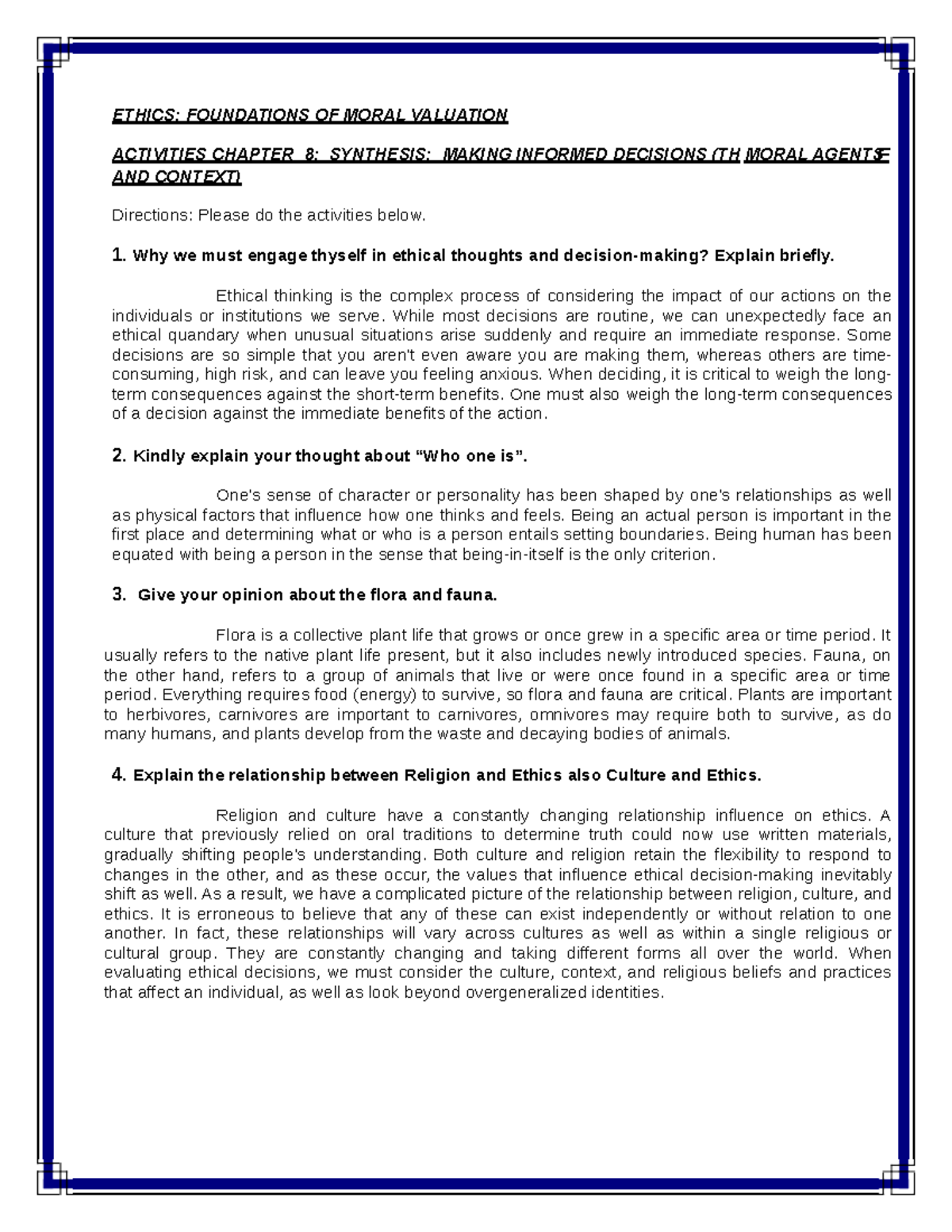 Activity 8: Synthesis in Ethical Decision Making (OLVAL 02) - Studocu