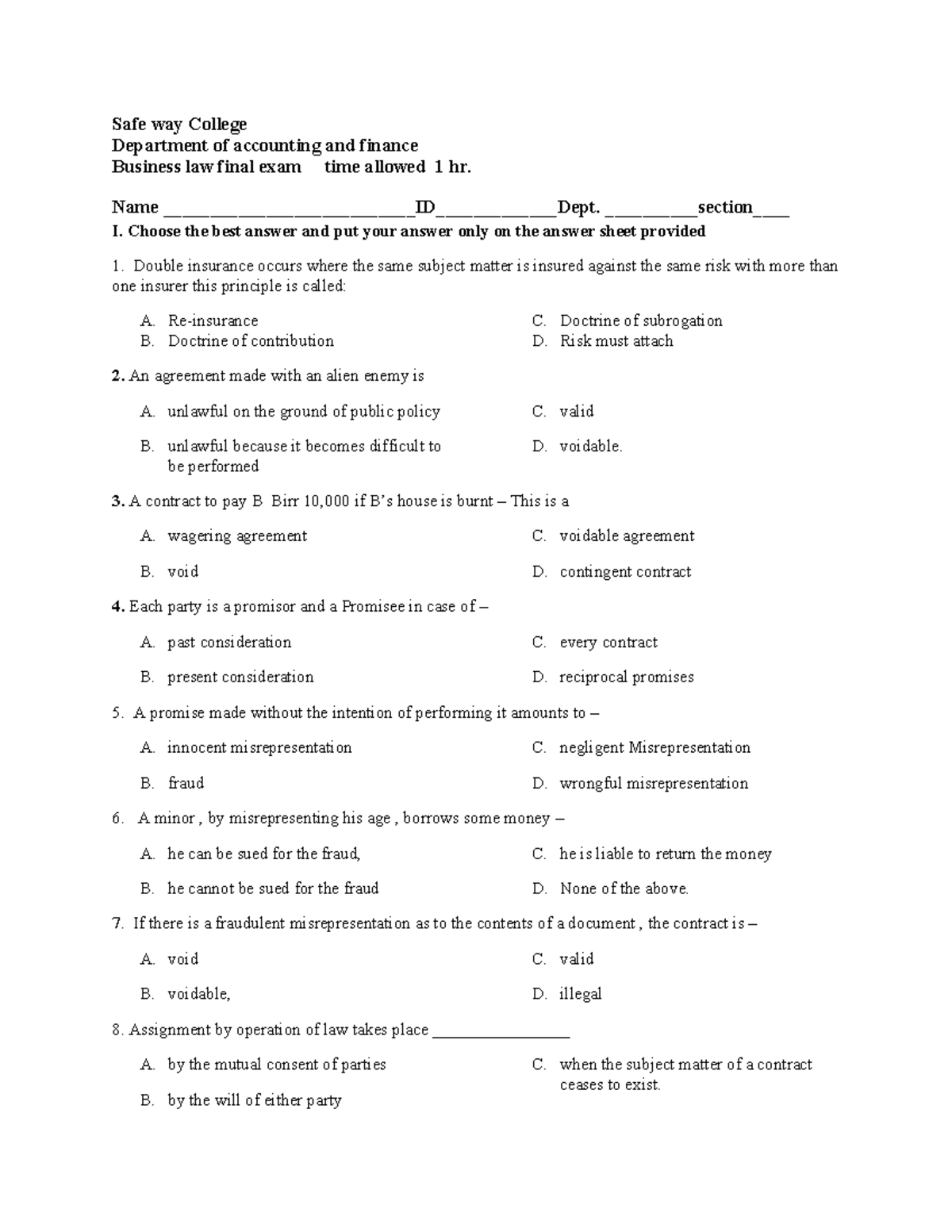 Business Law 101 - Final Exam Practice Questions - Studocu