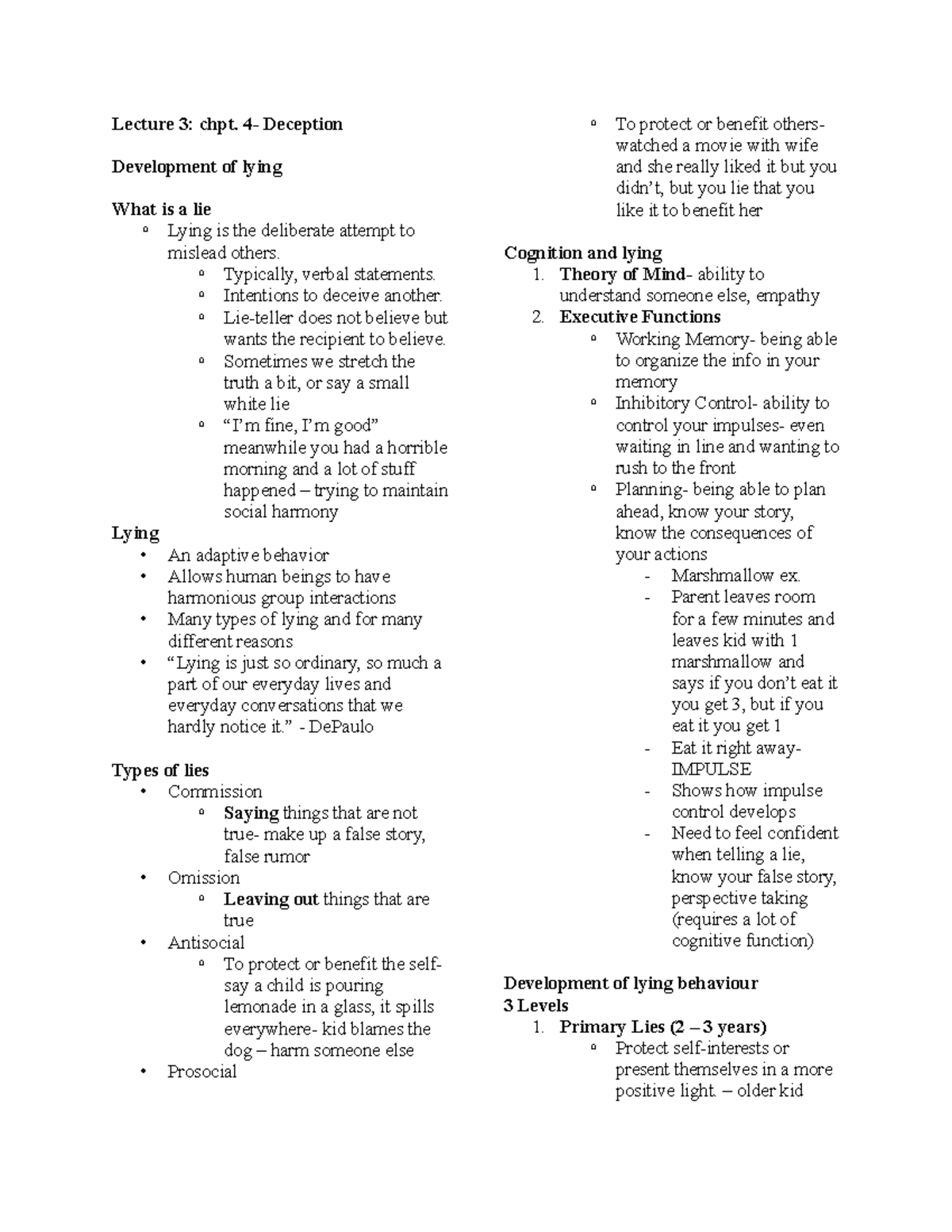 Lecture 3- Deception - Outline: development of lying, types of lies ...