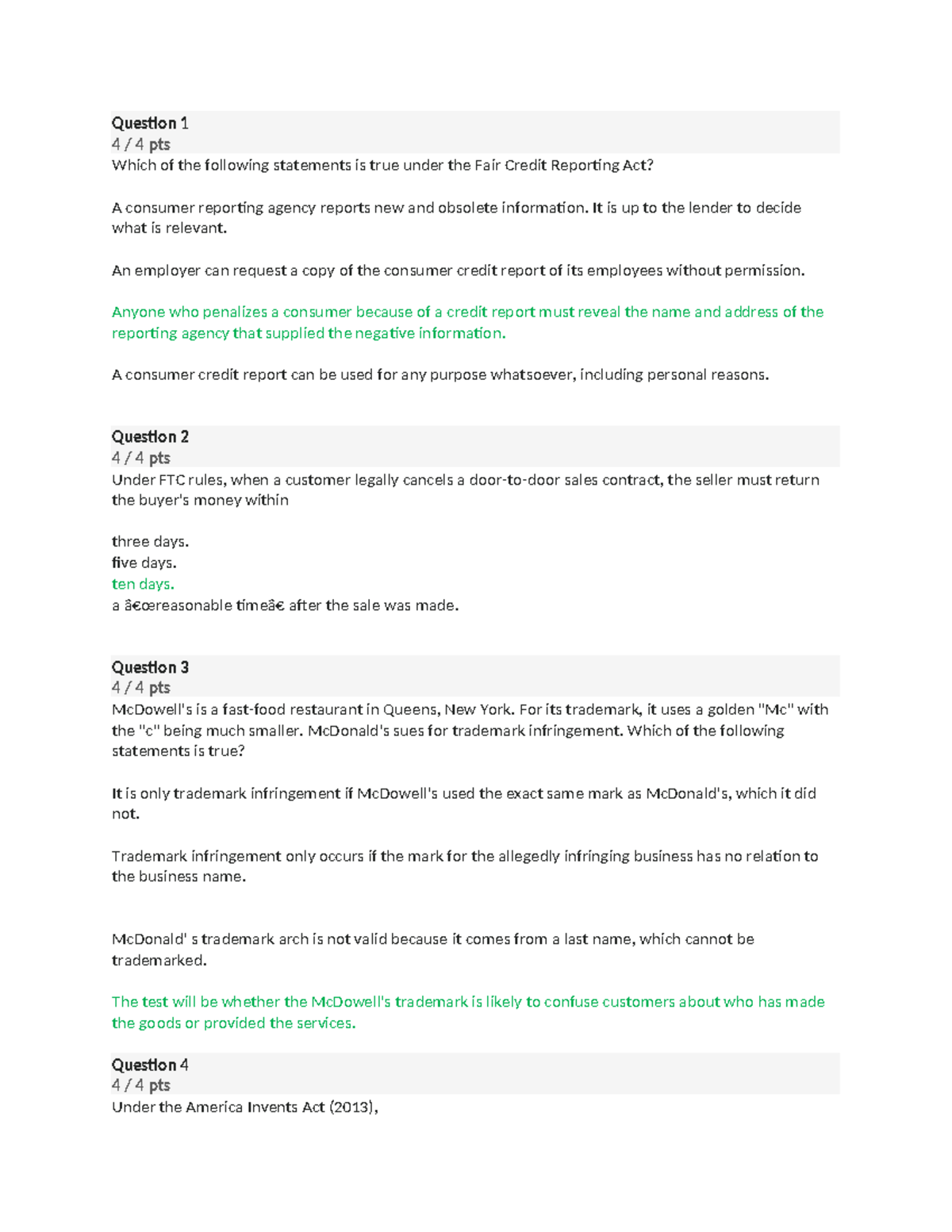 Week 10 Quiz on Fair Credit Reporting &amp; Consumer Protection Laws - Studocu