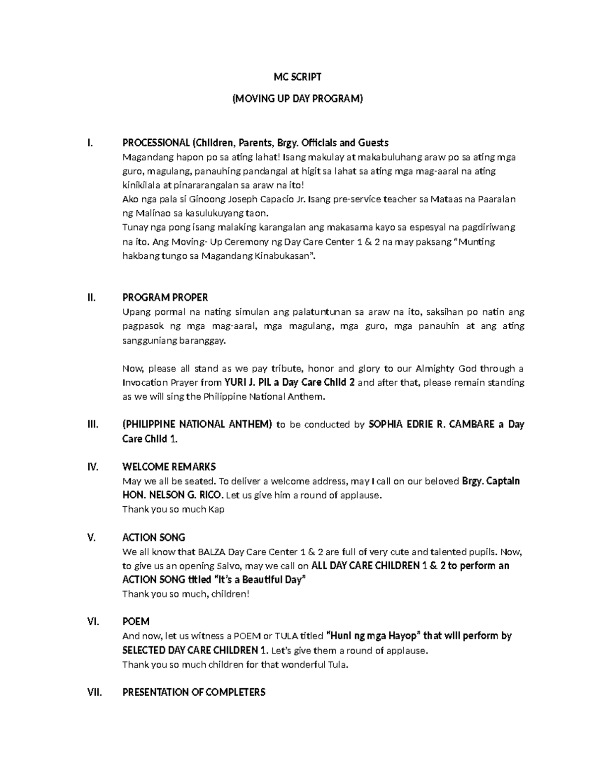 MC SCRIPT: Moving Up Day Program for Day Care Center 1 & 2 - Studocu