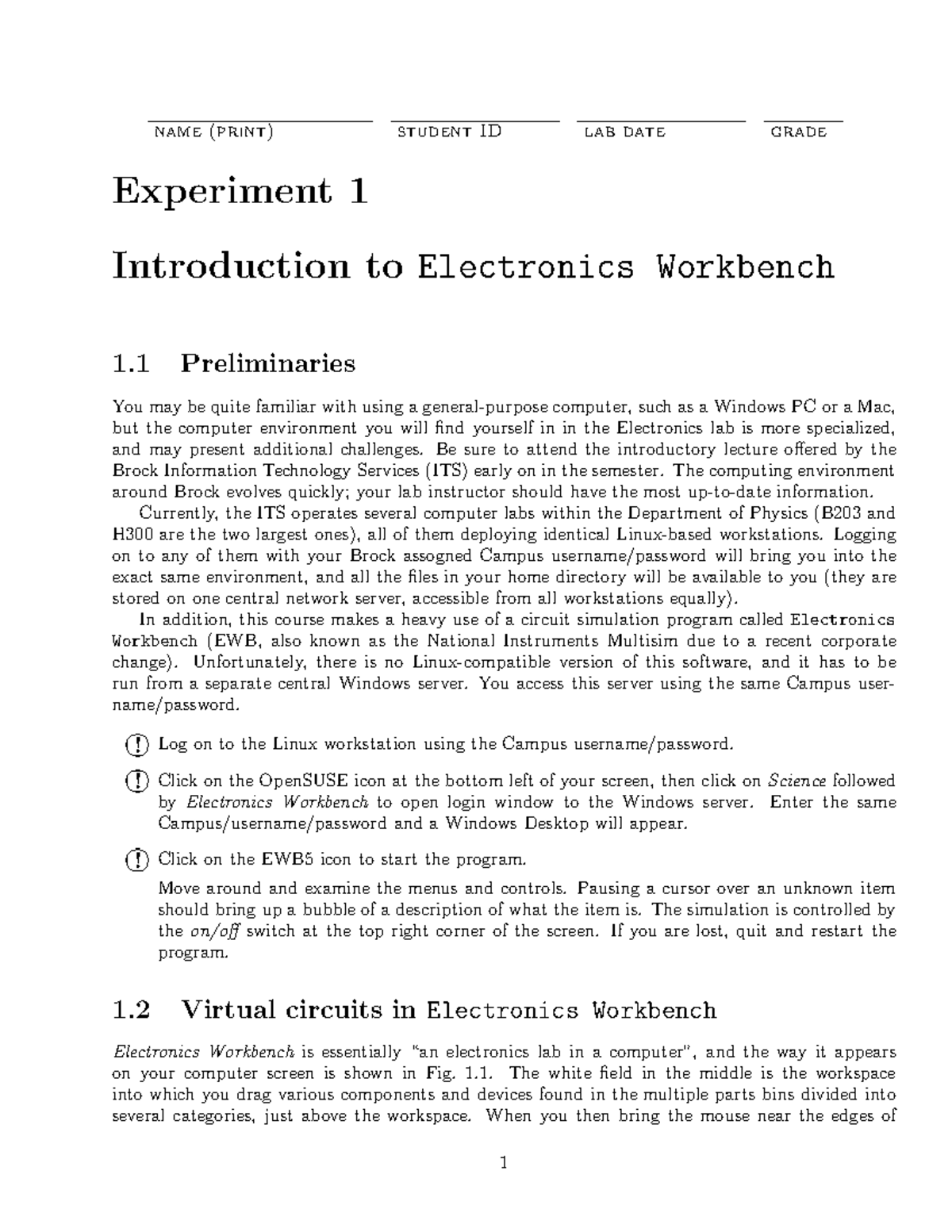 Experiment 1: Electronics Workbench Overview and Virtual Circuit Setup ...