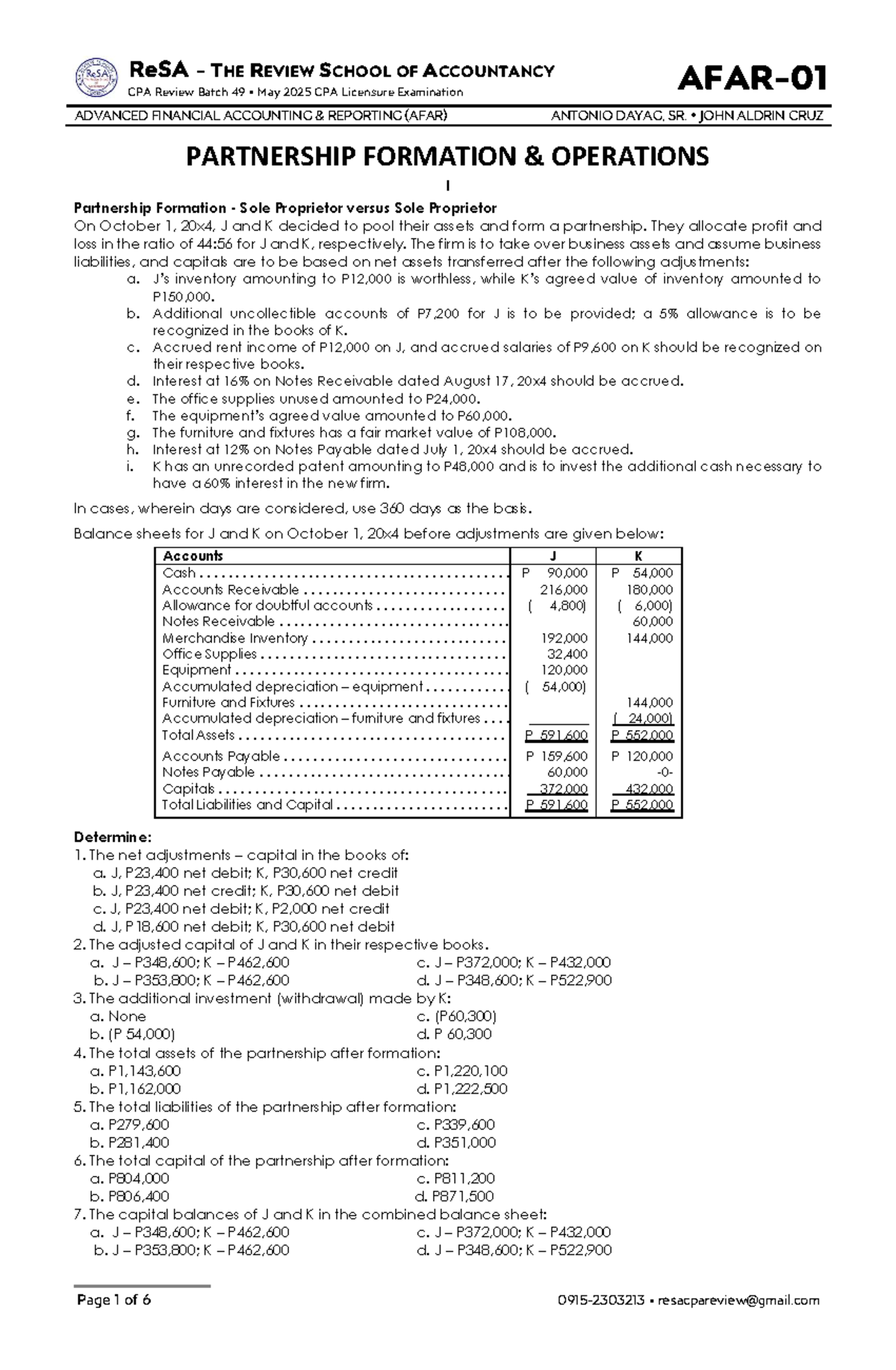 AFAR-01 Partnership Formation & Operations Study Guide - Studocu