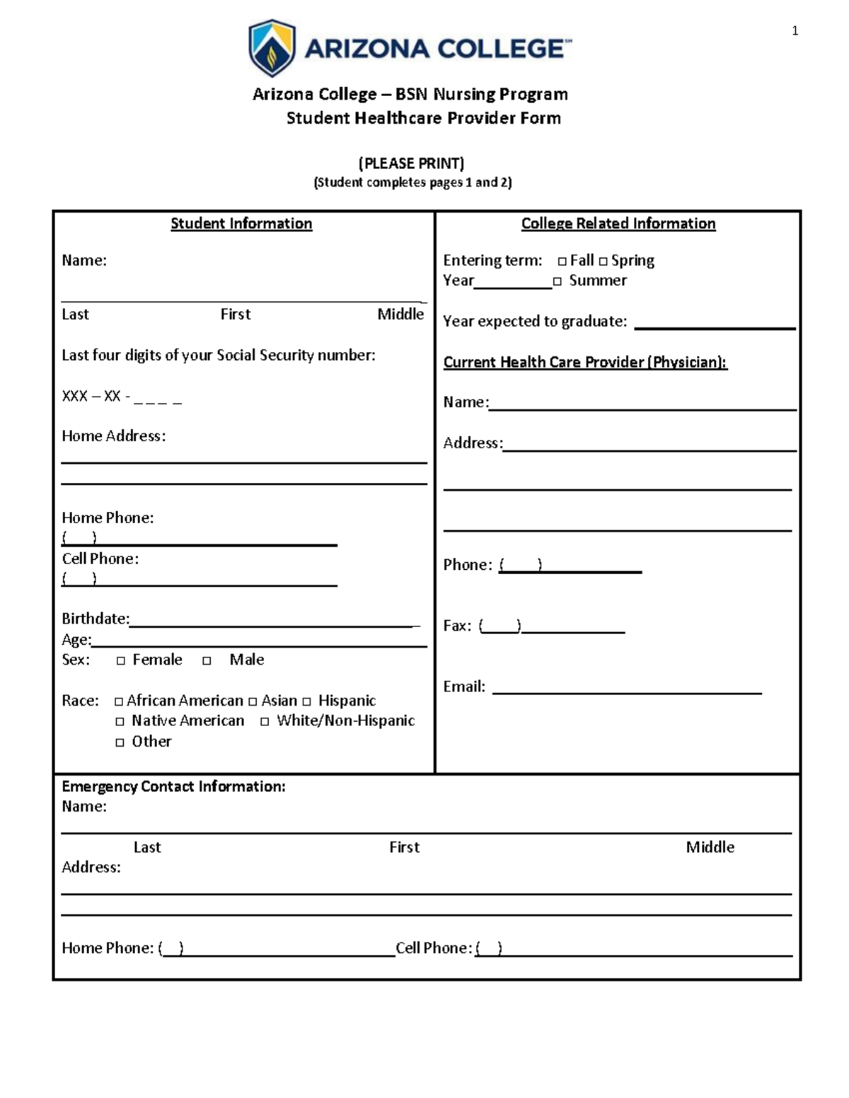 Arizona College BSN Nursing Program Student Health Provider Form - Studocu