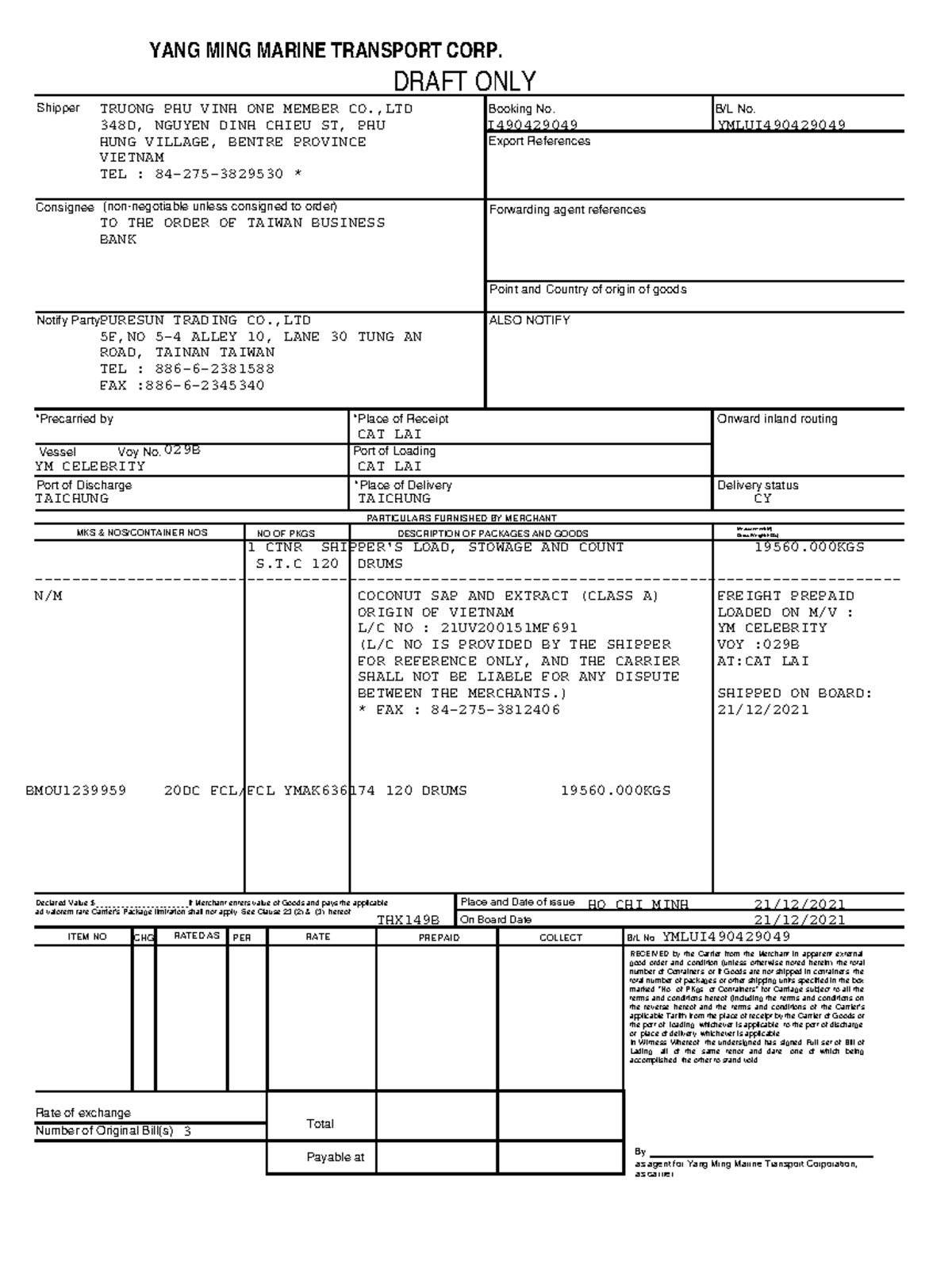 YML 029B Bill of Lading for Coconut Sap Shipment - Studocu