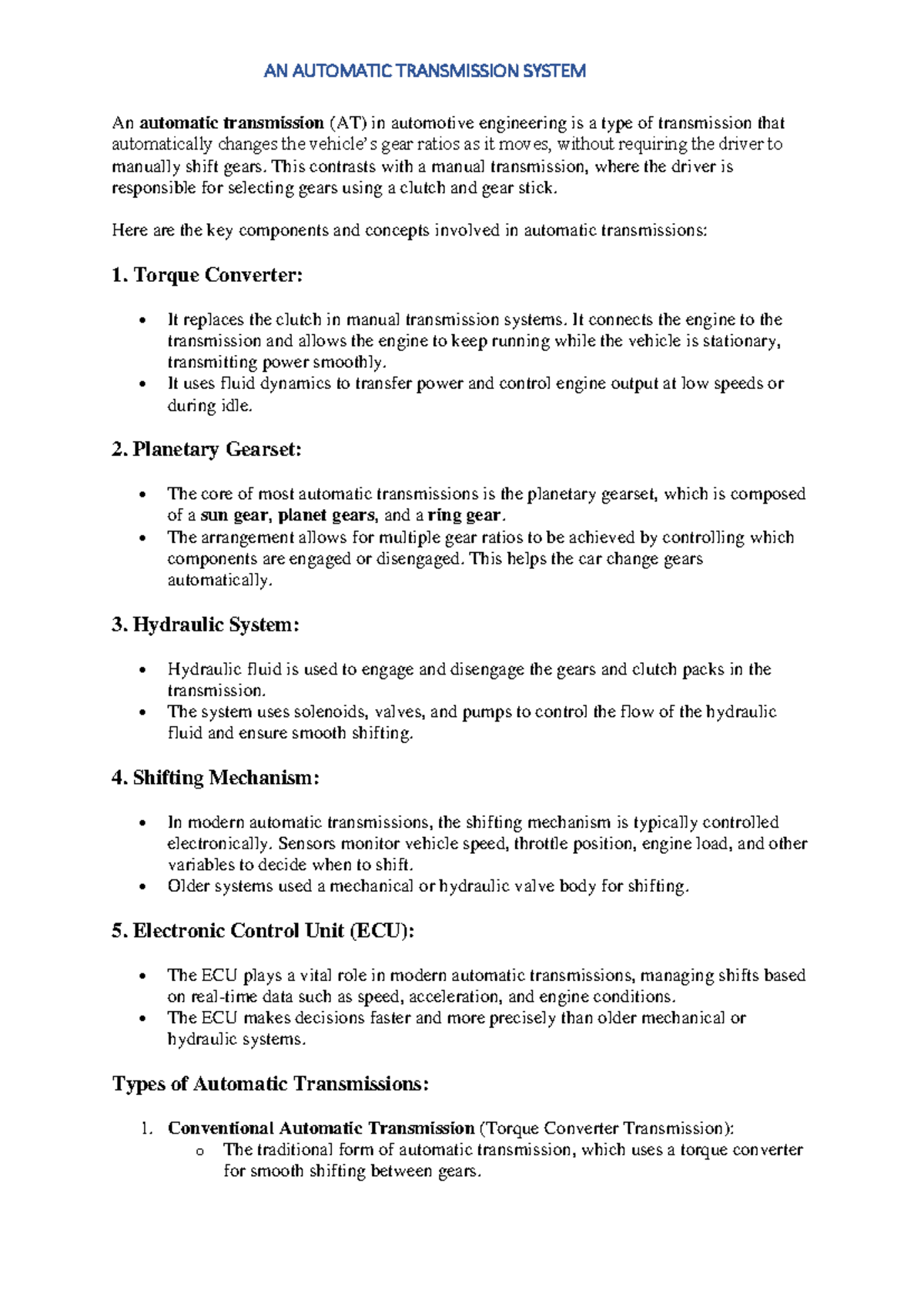 An automatic transmission system - AN AUTOMATIC TRANSMISSION SYSTEM An ...