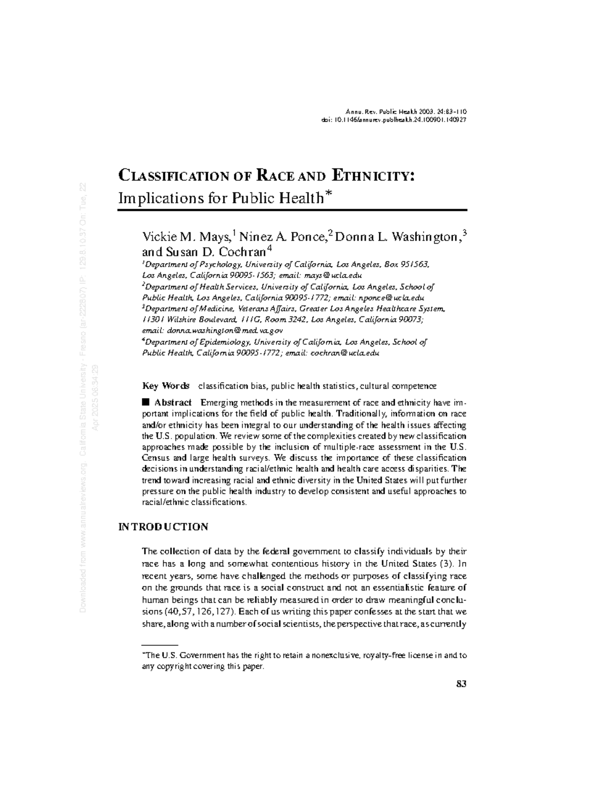 CLASSIFICATION OF RACE AND ETHNICITY: Public Health Implications (PH ...