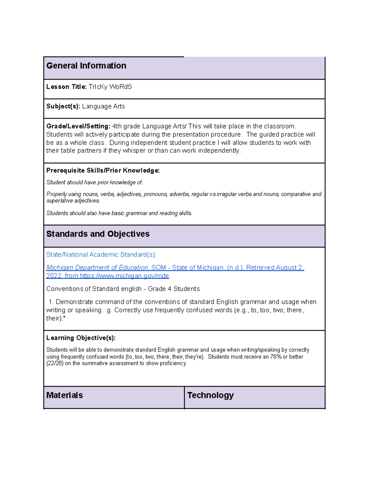 C909 TASK 1 - assignments - General Information Lesson Title: TrIcKy ...