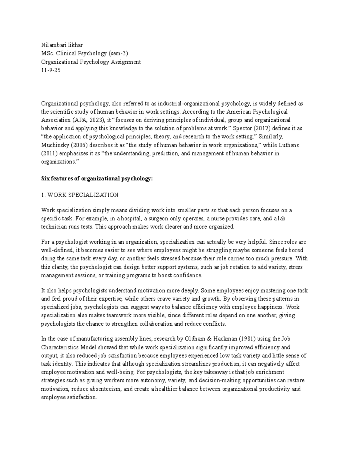 MSc. Clinical Psychology: Org. Psychology Assignment Insights - Studocu