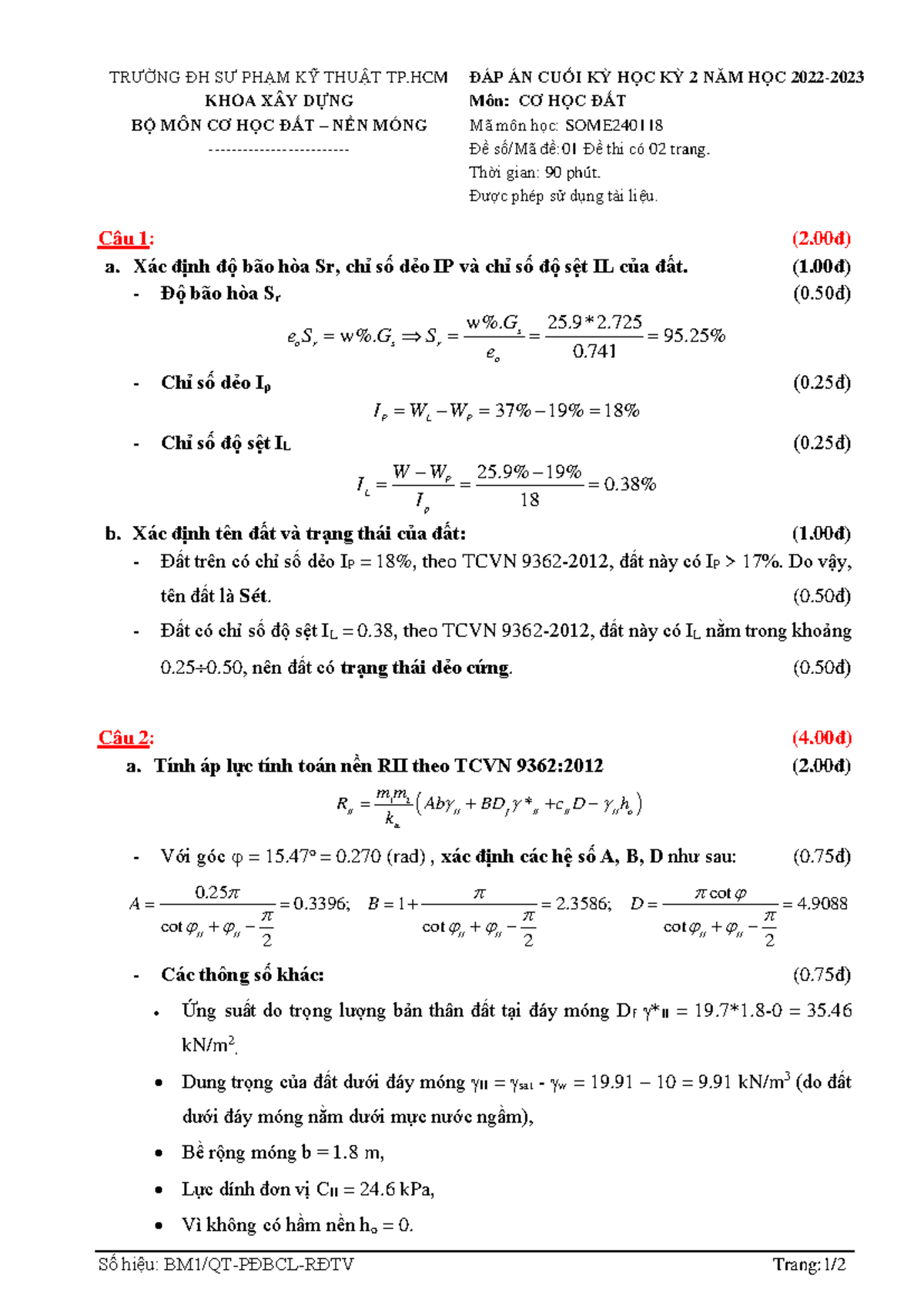 ĐÁP ÁN CUỐI KỲ MÔN CƠ HỌC ĐẤT - SOME240 118 - HKII 2022-2023 - Document Preview