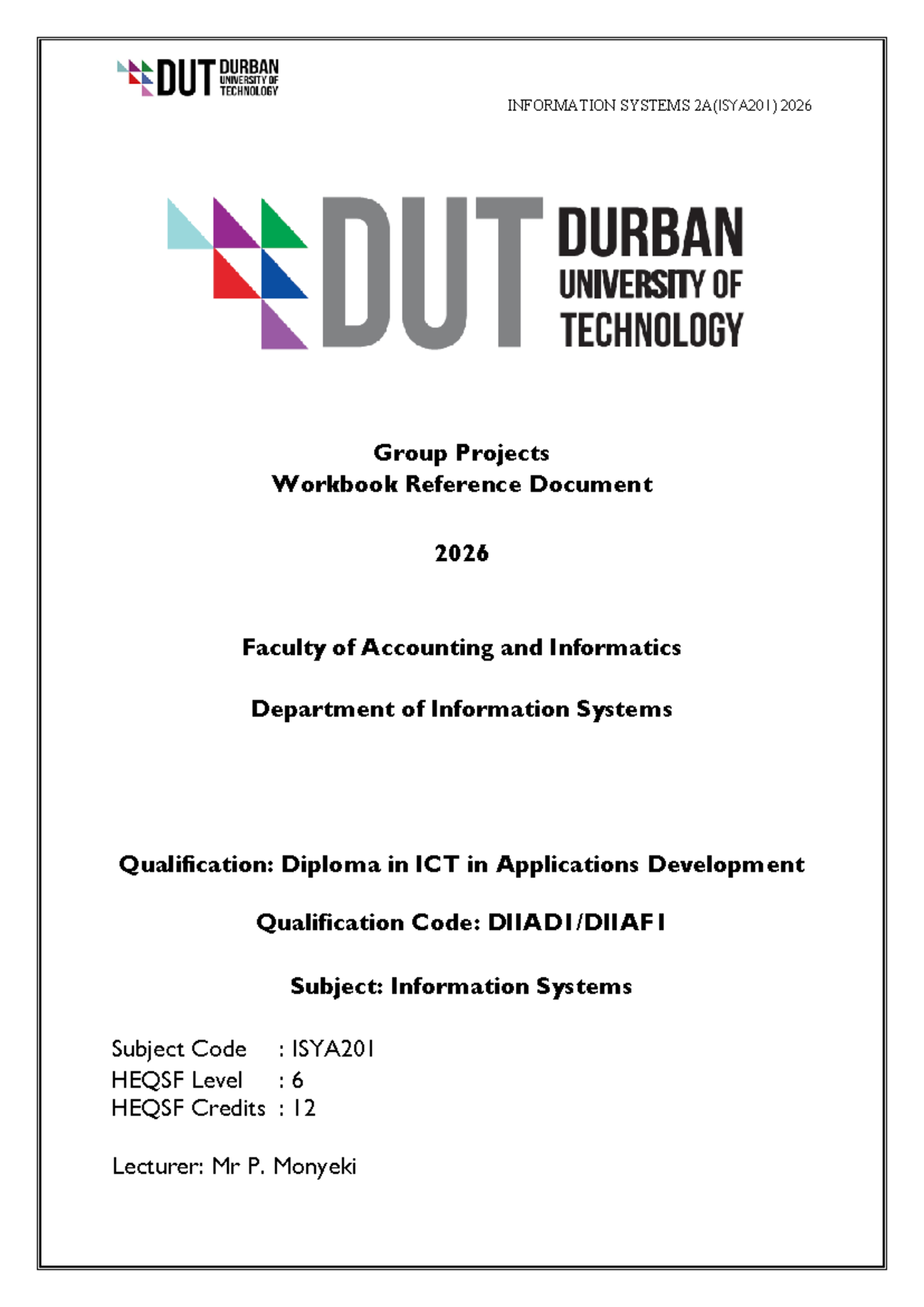 ISYA201 Group Project Workbook 2026: Information Systems 2A Guide - Studocu
