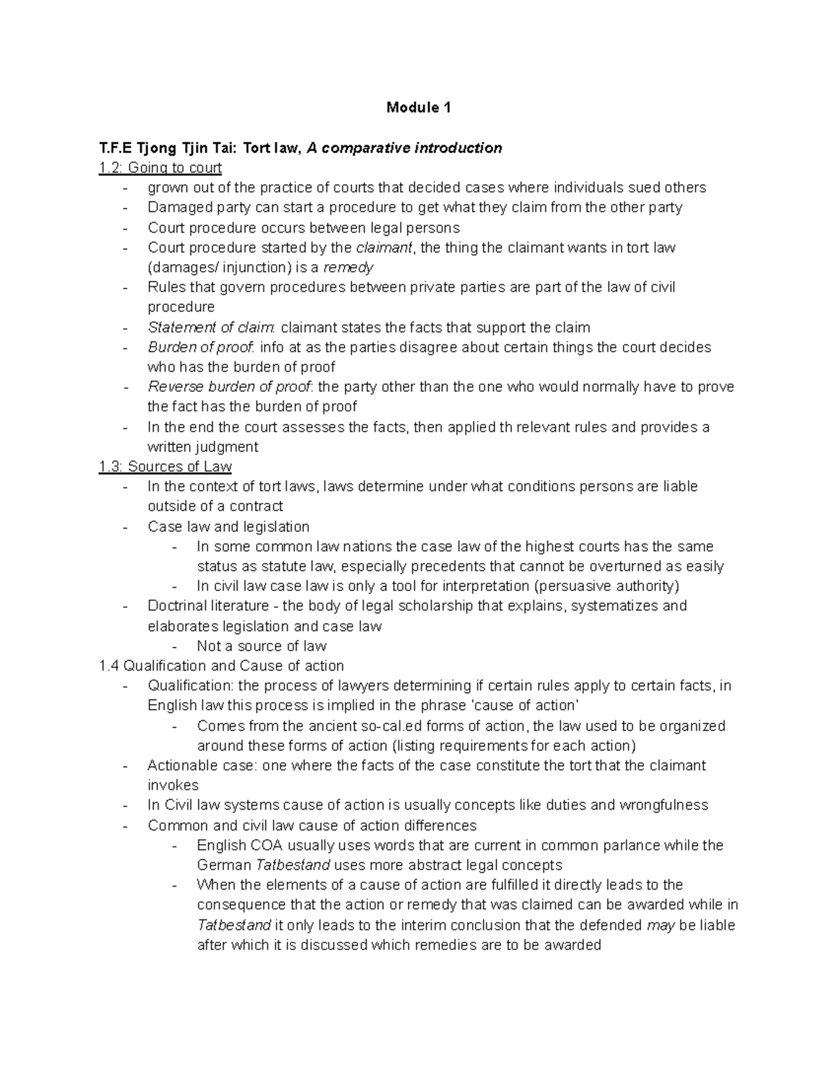 Tort Law (LAW 101) Final Notes: Key Concepts and Case Summaries ...