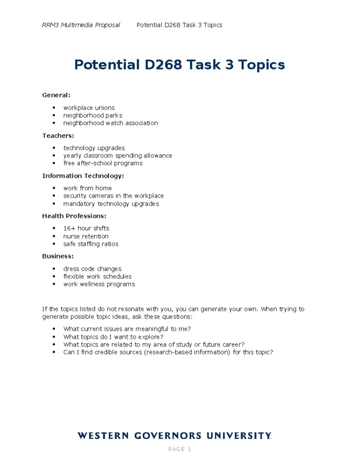 RRM3 D268 Task 3 Rotating Topic List for Multimedia Proposal - Studocu