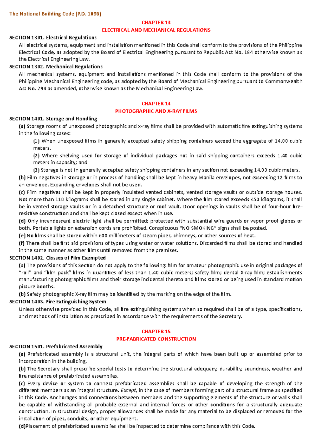 P.D. 1096 Chapters 13-15: Electrical & Mechanical Regulations, Film ...