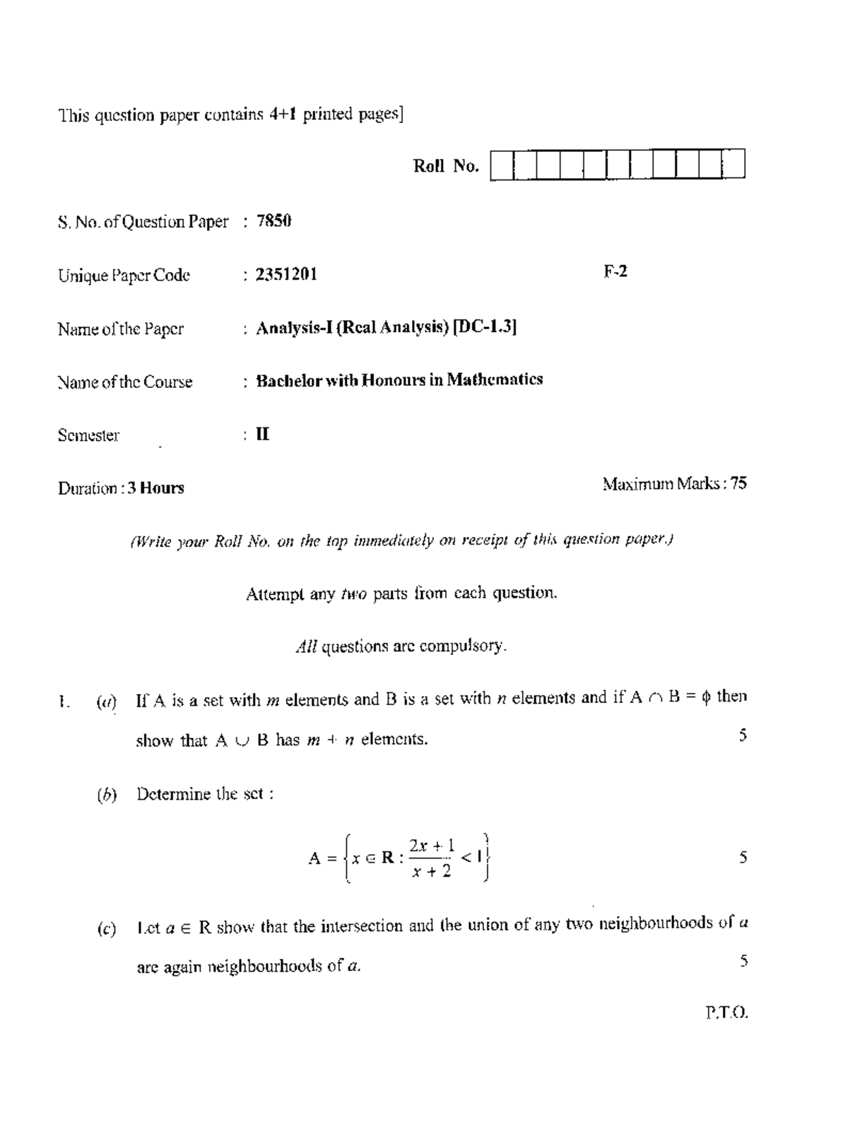 Analysis-I (REAL Analysis) [DC-1.3] Bachelor Honours Math II Exam Paper ...