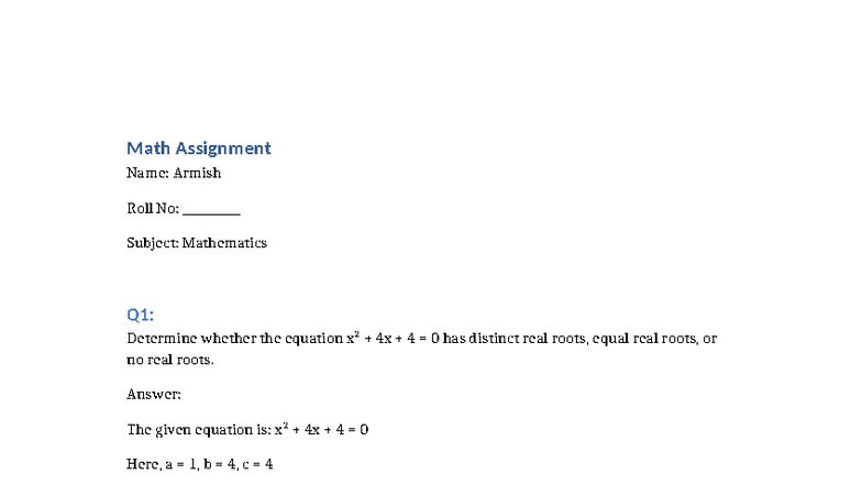 Math Assignment: Analyzing Roots and Functions in Mathematics - Studocu