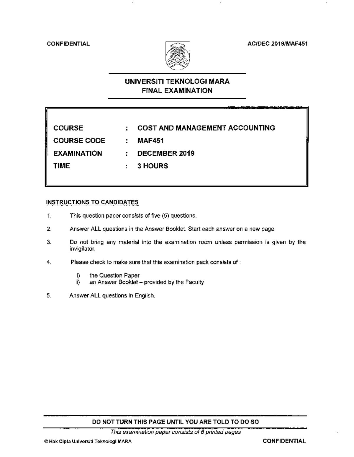 MAF451 Final Exam: Cost & Management Accounting December 2019 - Studocu