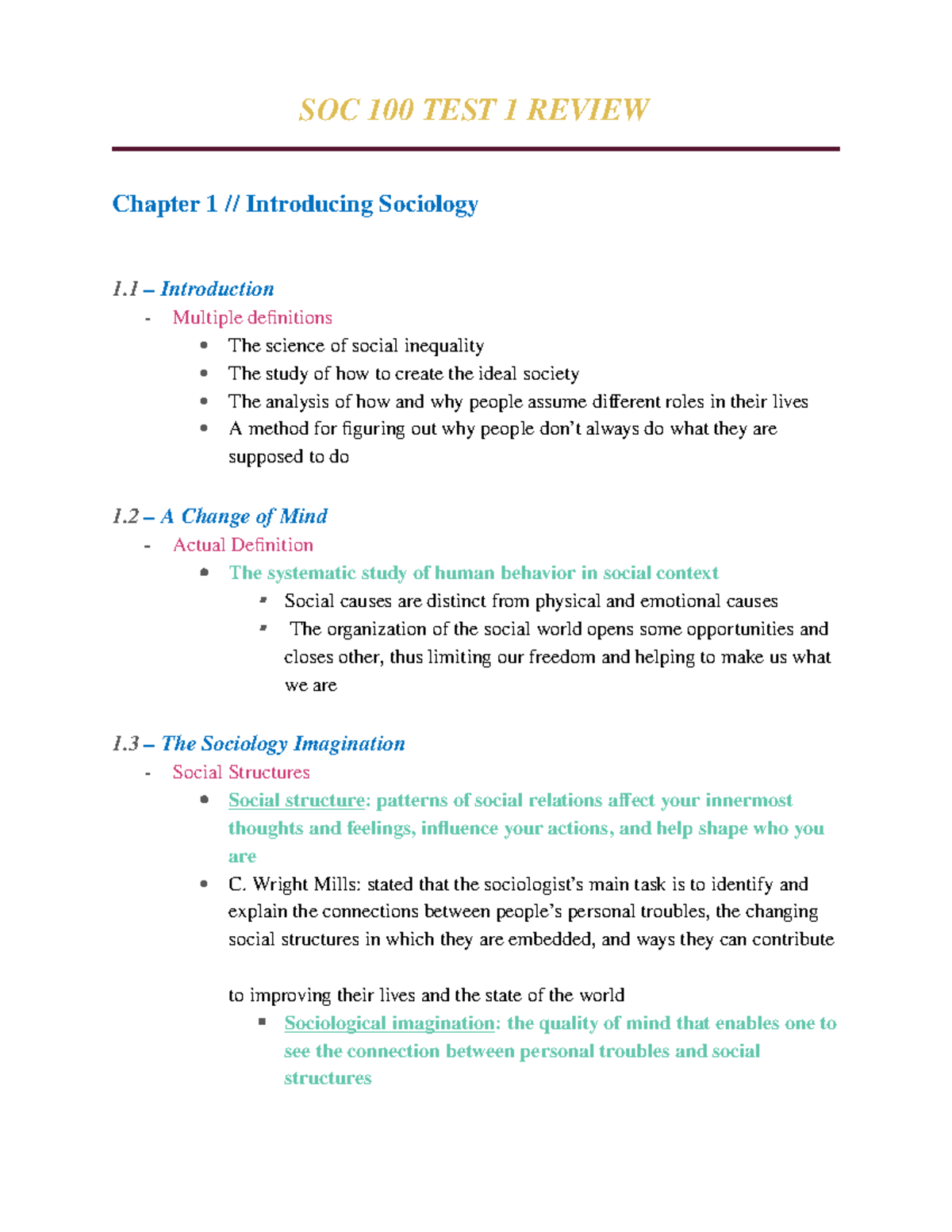 SOC 100 TEST 1 Comprehensive Review Guide on Social Concepts - Studocu