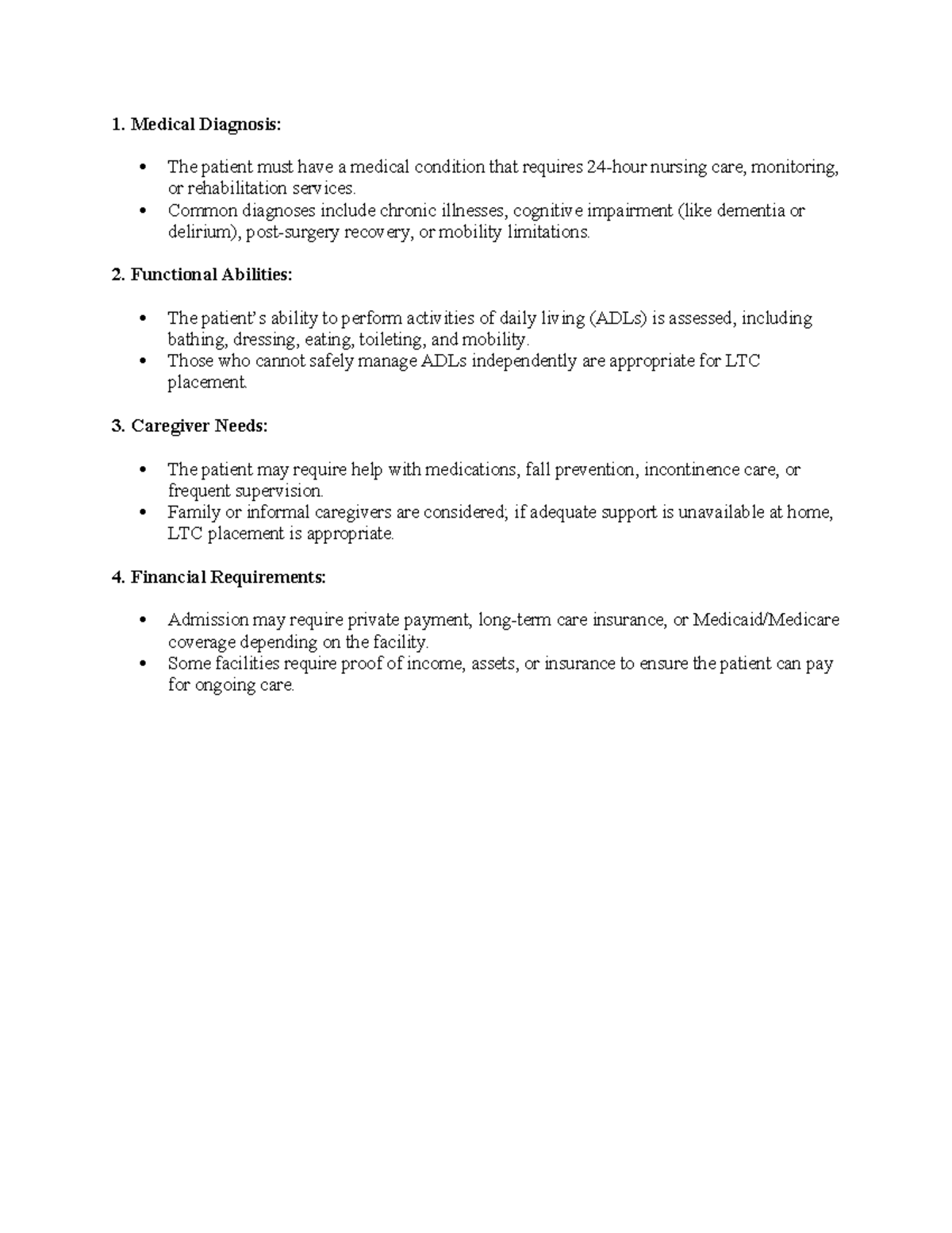 LTC Assessment Notes: Medical Diagnosis, Functional Abilities ...
