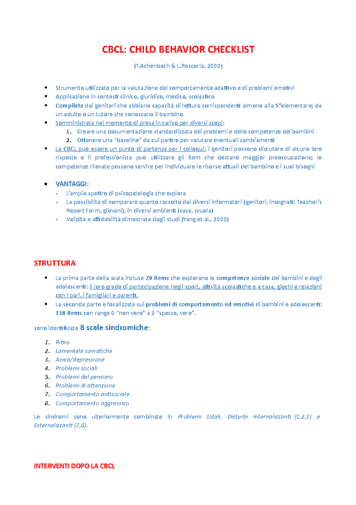 CBCL: Spiegazione e Riassunto del Child Behavior Checklist - Studocu