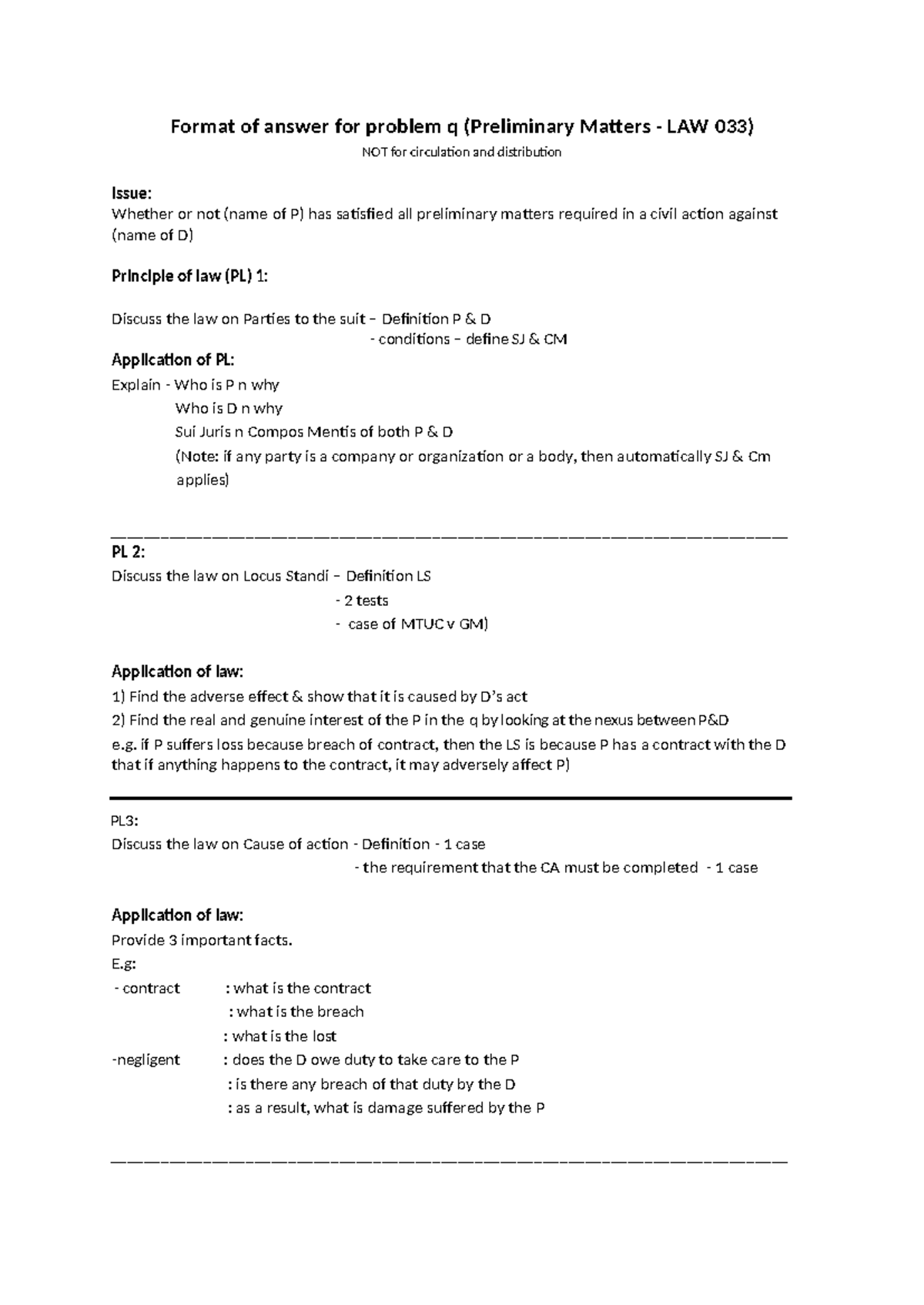 Format of Answer for Problem Q (Preliminary Matters LAW 033) - Studocu