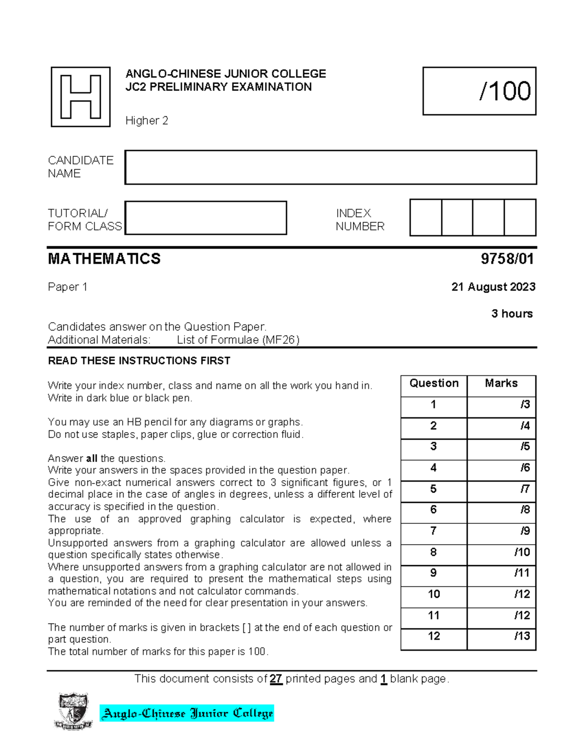 JC2 H2 Mathematics Preliminary Exam Paper - 21 Aug 2023 - Studocu