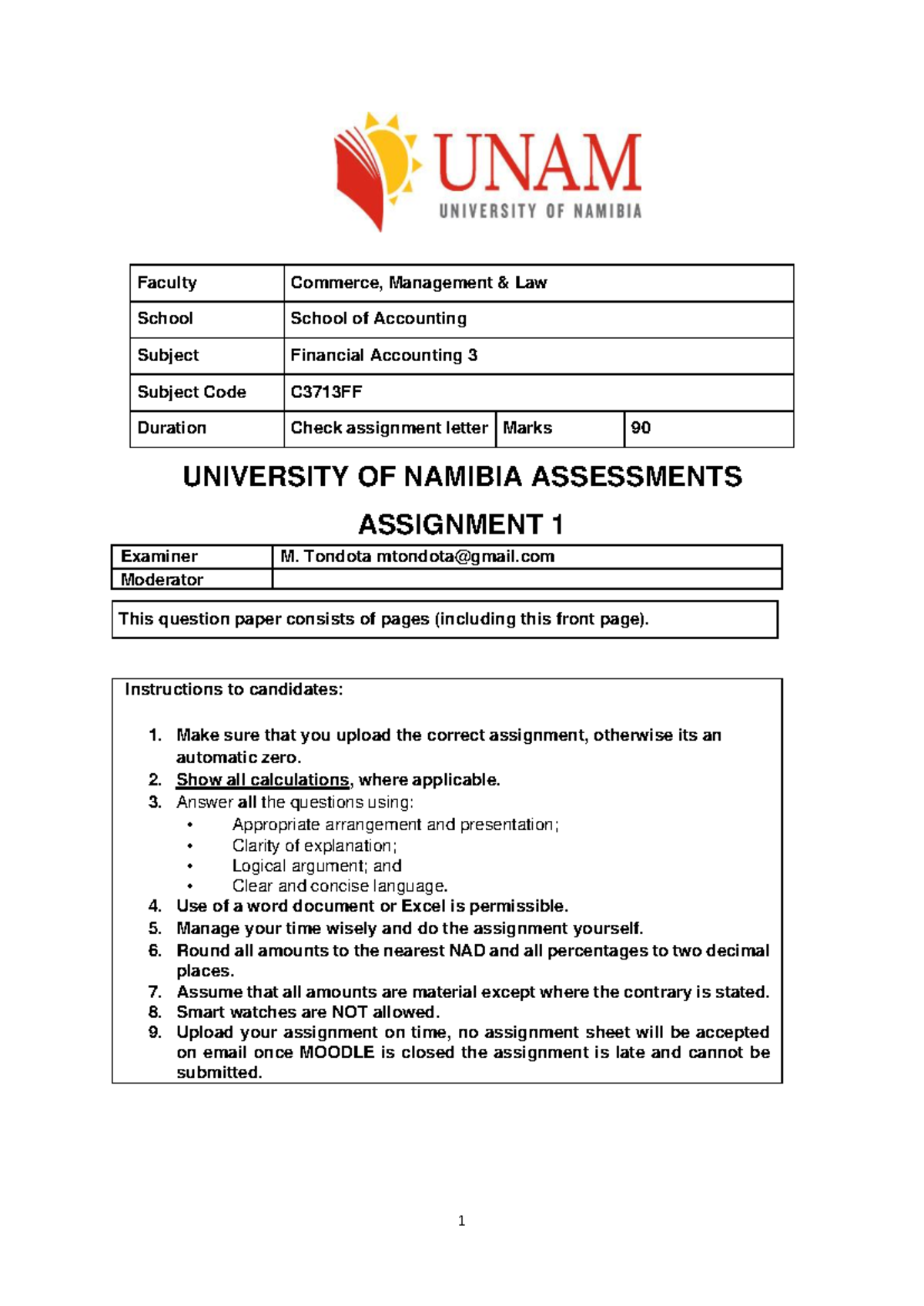 C3713 FF Financial Accounting 3 assignment 1 - UNIVERSITY OF NAMIBIA ...