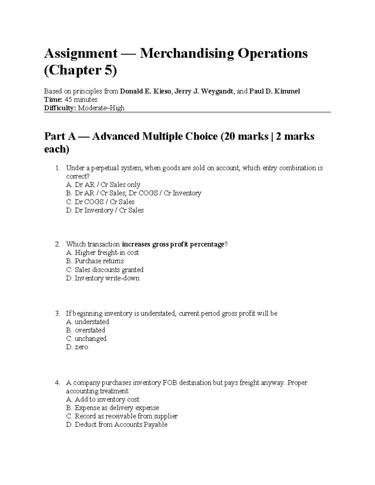 Class Assignment: Merchandising Operations (Chapter 5) Set-2 Questions ...