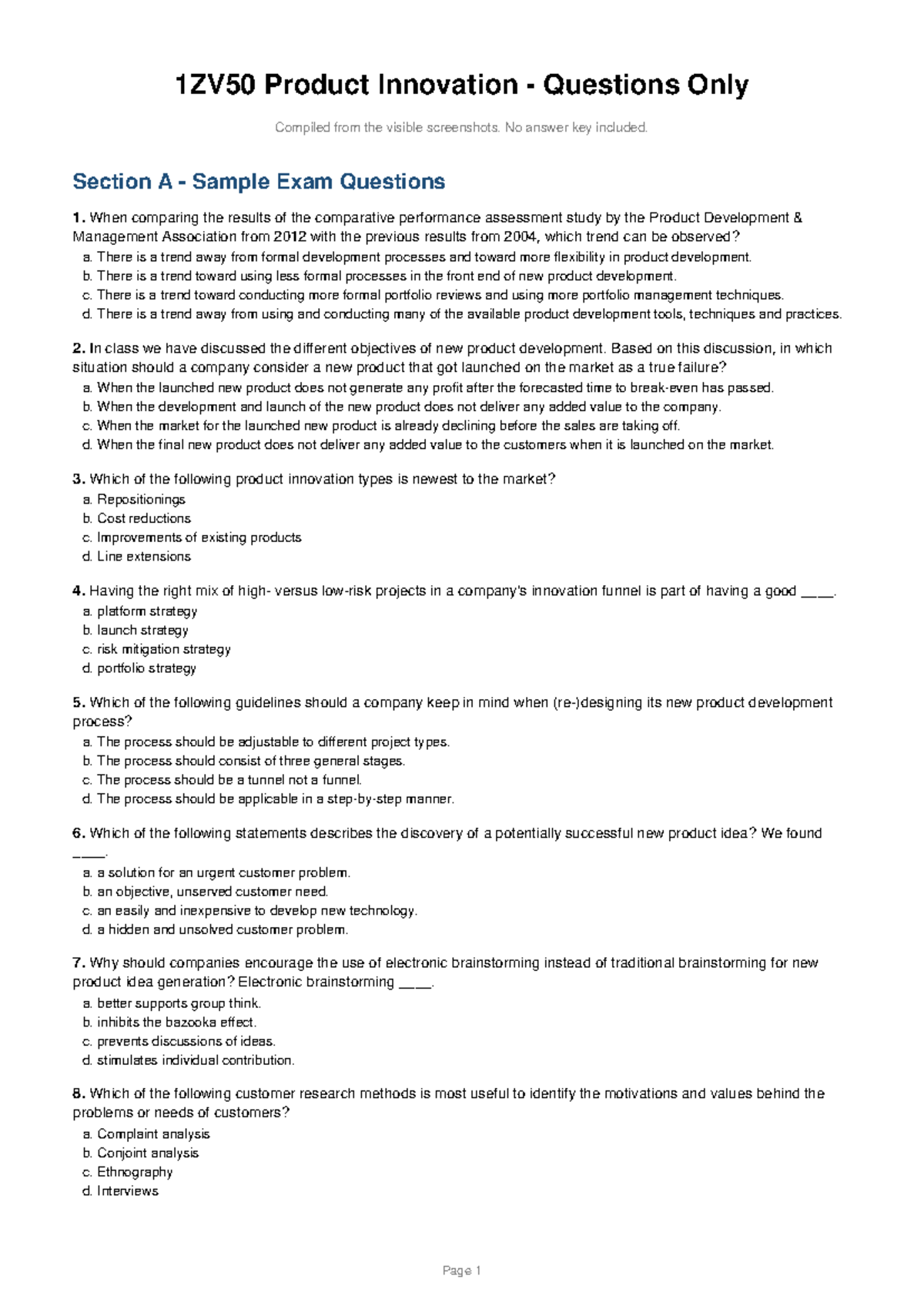 1ZV50 Product Innovation Sample Exam Questions Compilation - Studeersnel