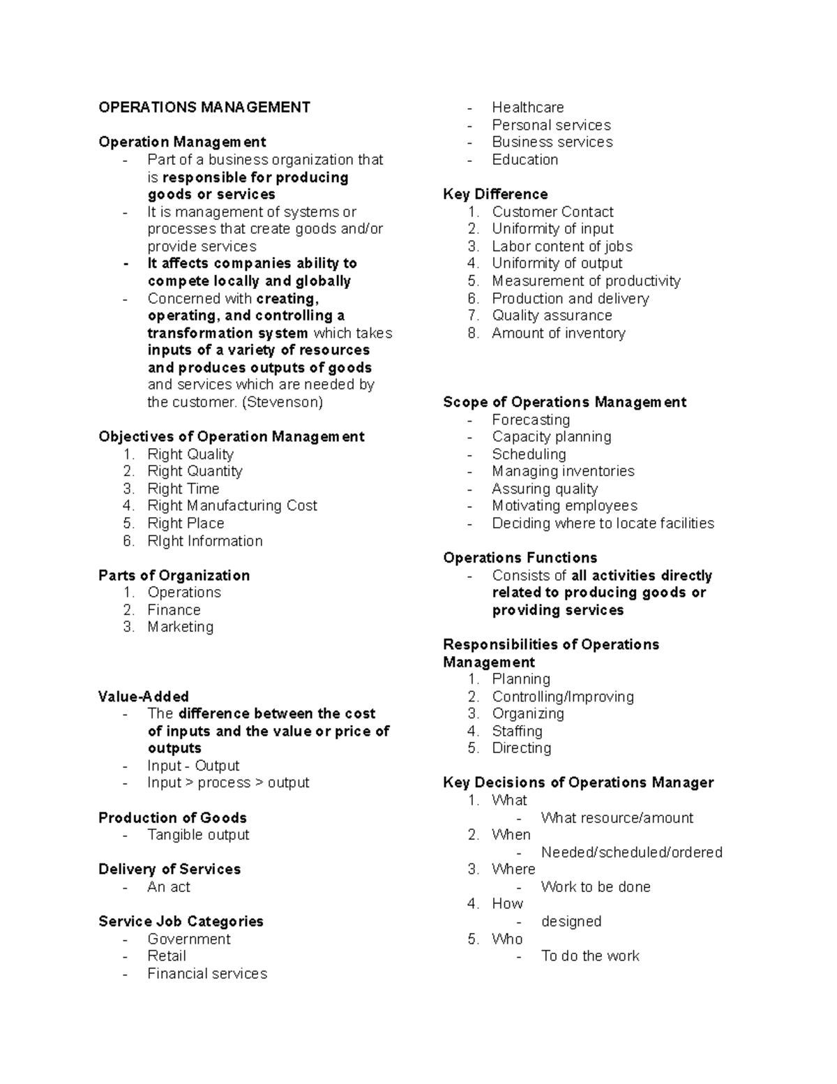 OPM 101: Comprehensive Review of Operations Management Concepts - Studocu