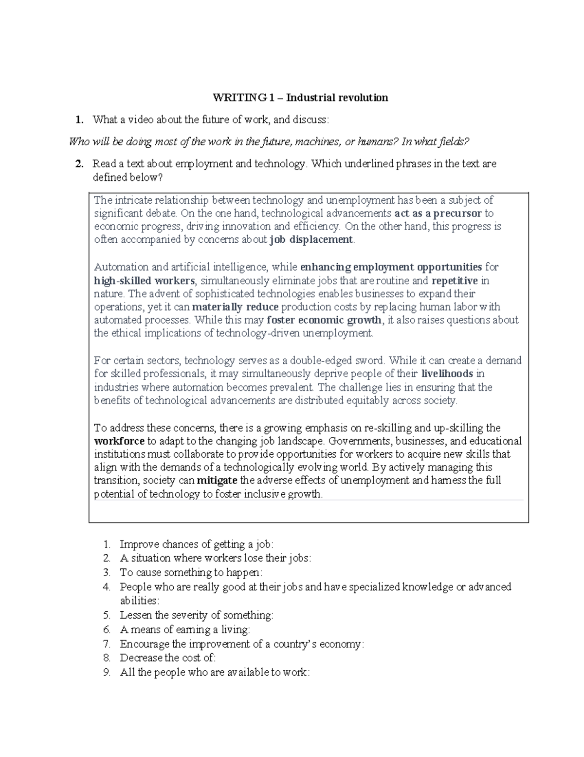 Writing 1: The Impact of Technology on Employment and Future Work - Studocu