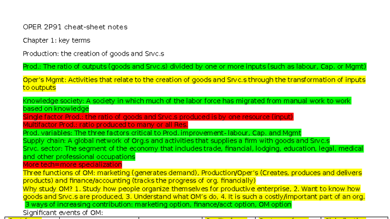 OPER 2P91 Cheat Sheet: Key Concepts in Operations Management - Studocu