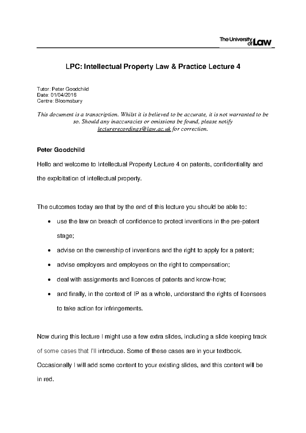 Intellectual property law practice lecture 4 - LPC: Intellectual ...