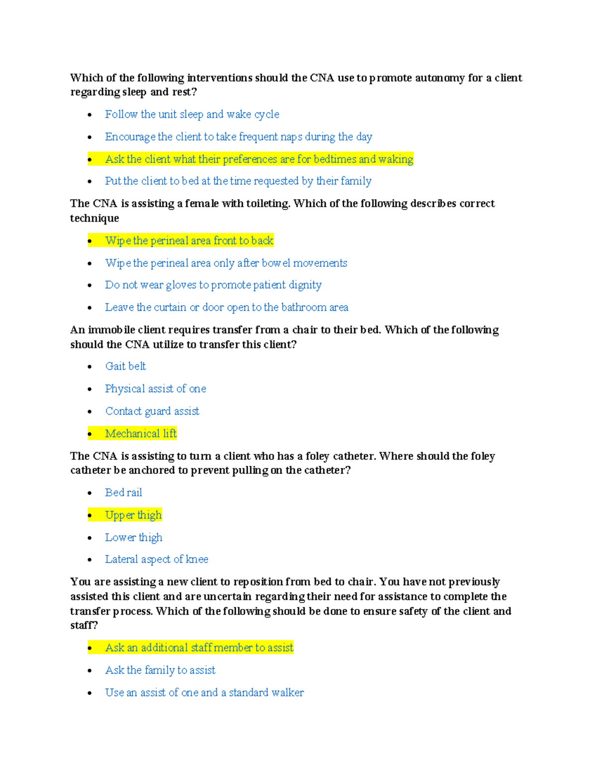 CNA Practice Questions 6 - Homework on Client Care Techniques - Studocu