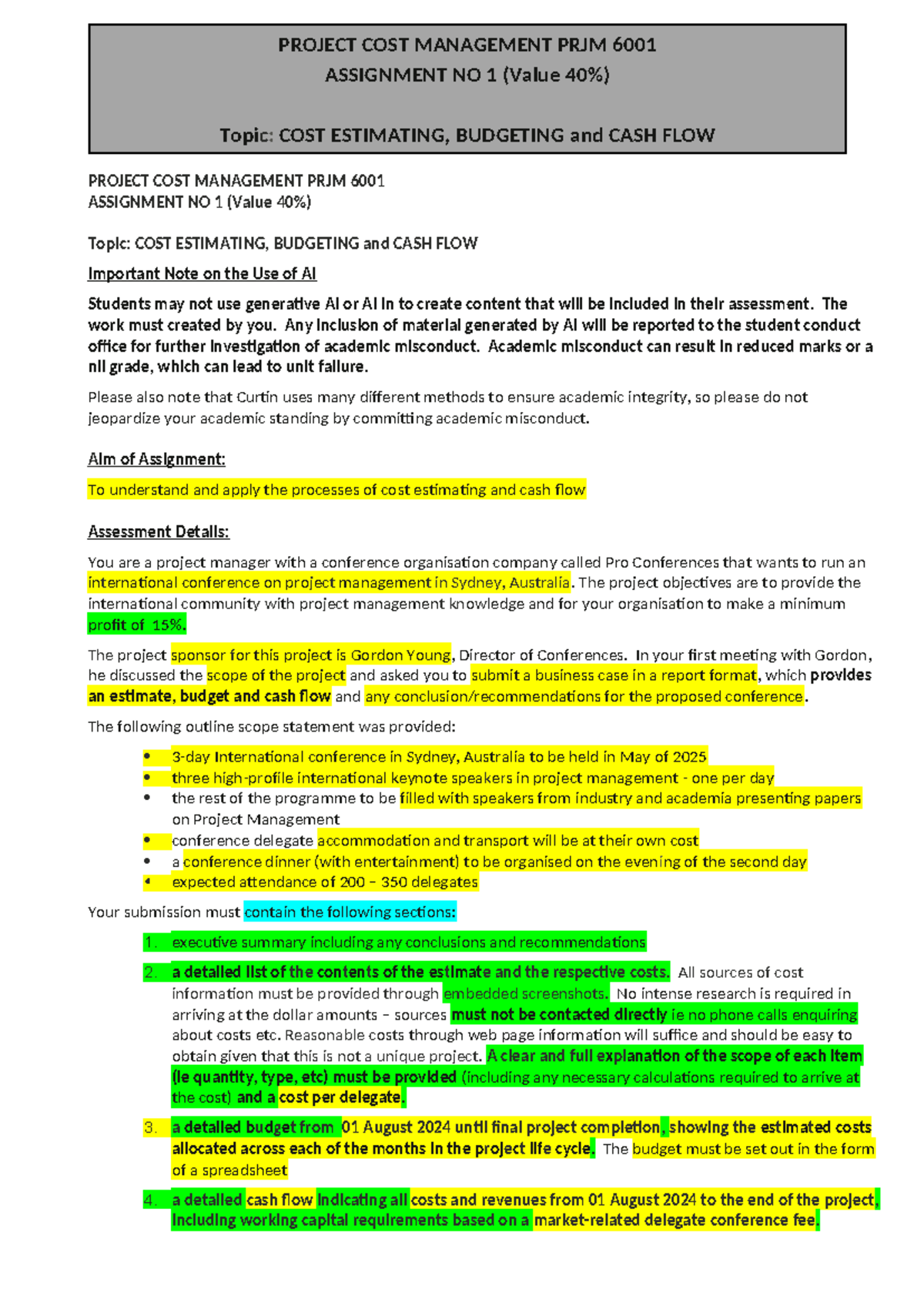 Cost Estimating, Budgeting & Cash Flow for PRJM 6001 Assignment 1 - Studocu