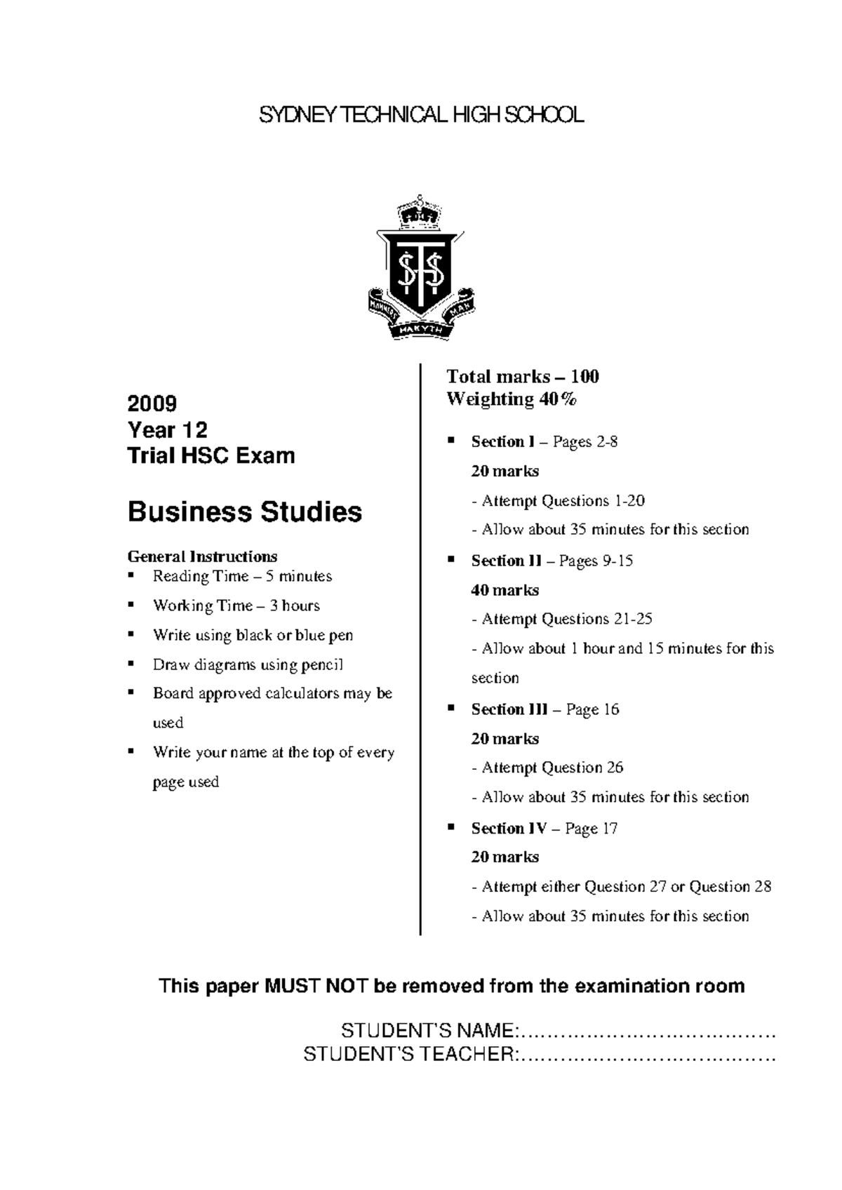 Sydney Tech 2009 Year 12 Business Studies Trial Exam & Solutions - Studocu