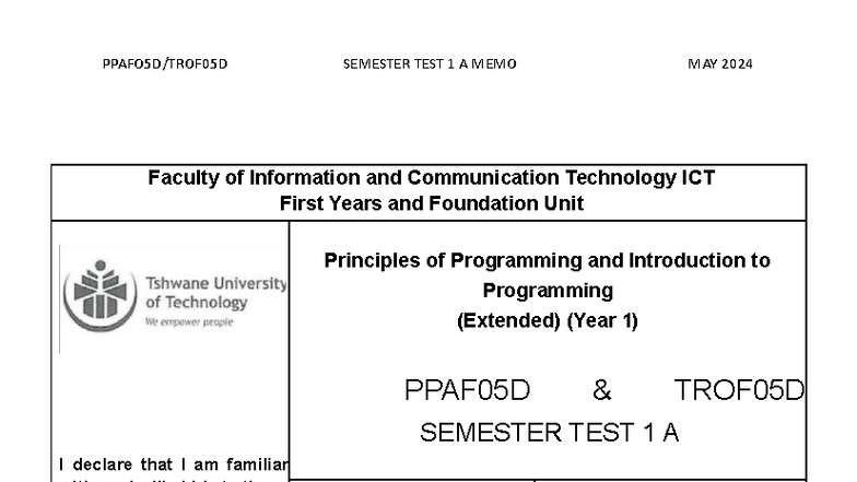 Semester Test 1 Memo May 2024 - PPAF05D & TROF05D Programming ...